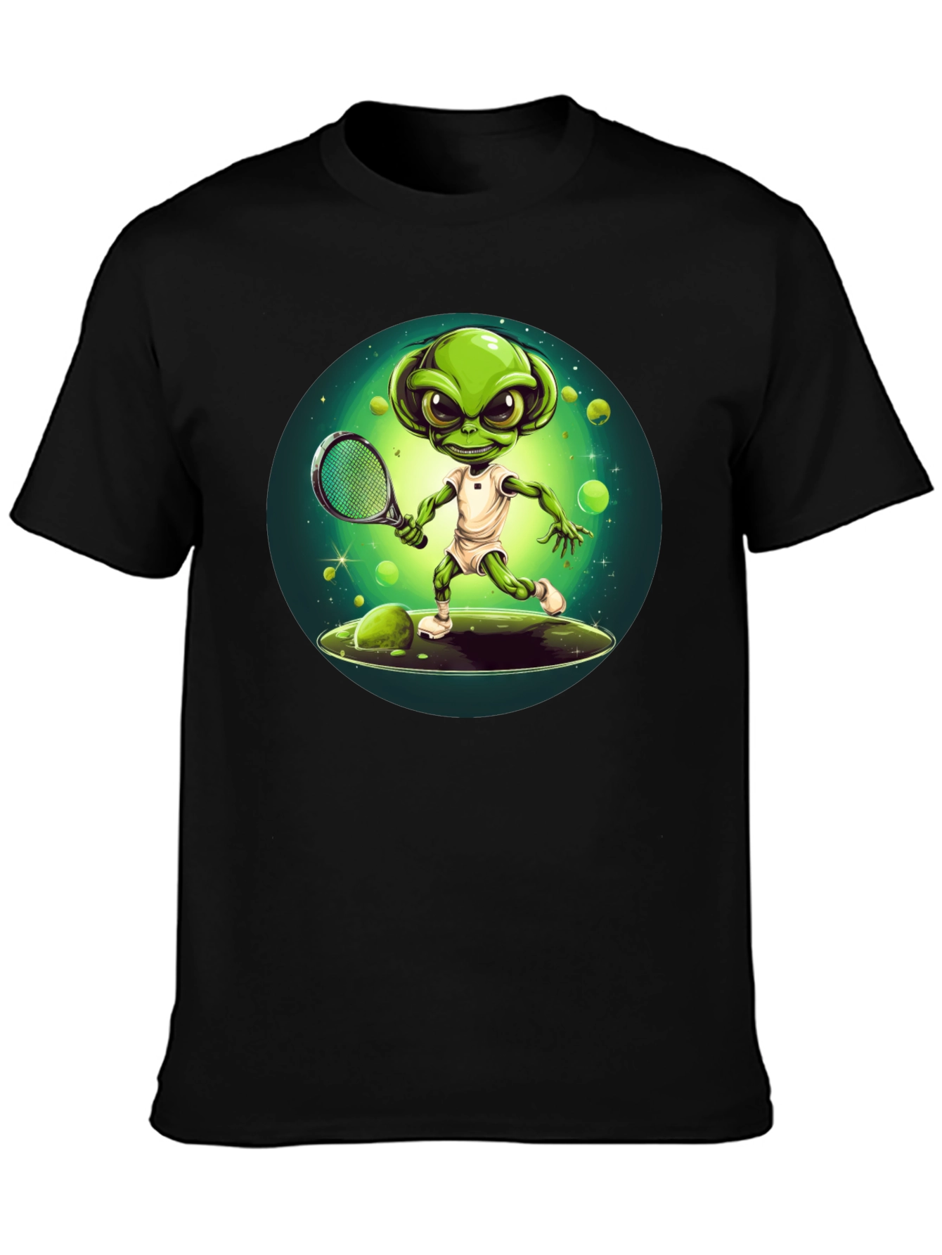 Black Alien Tennis Player T-Shirt - Funny Graphic Tee view 3