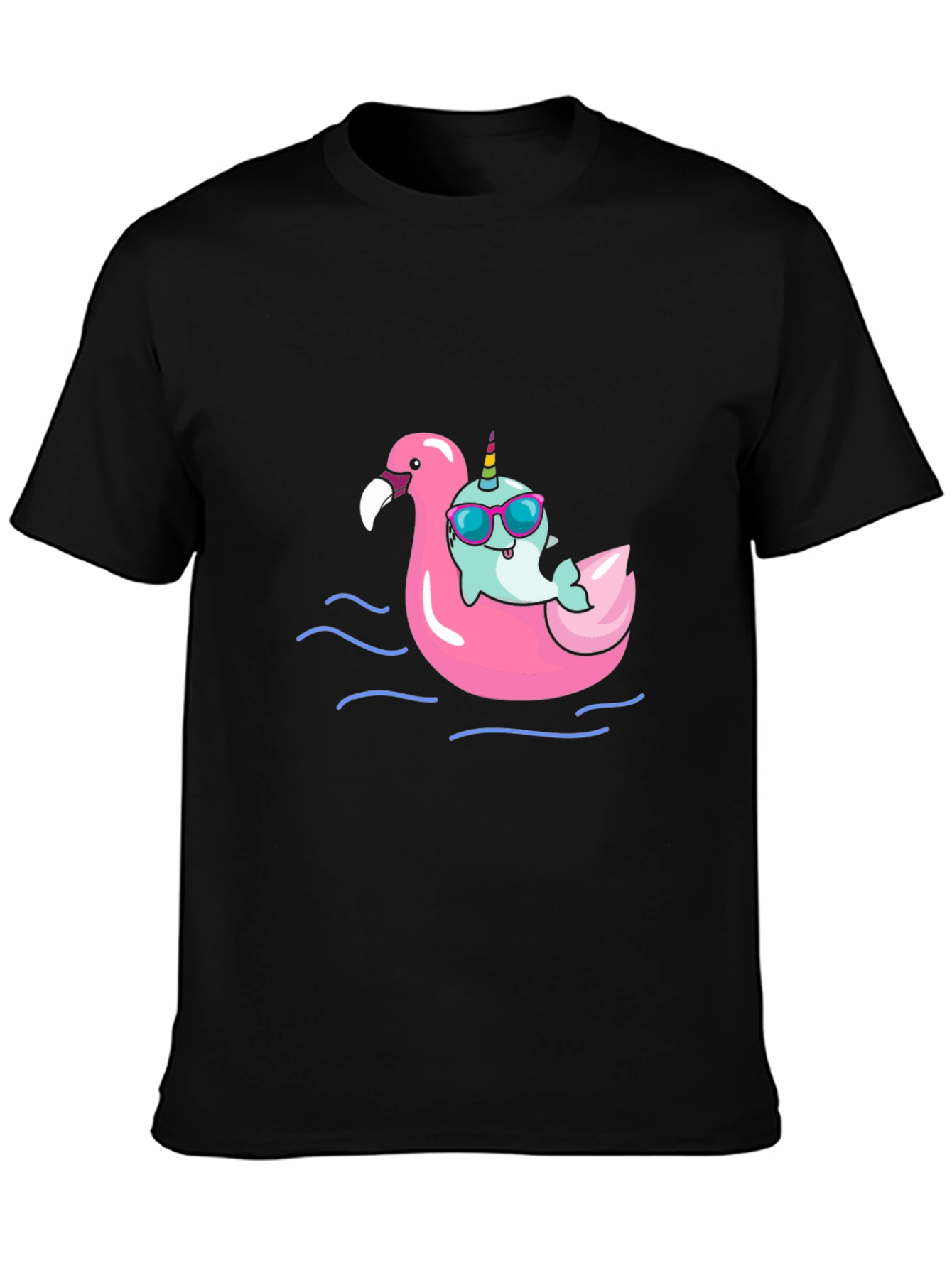 Black Narwhal on Flamingo Float Black T-Shirt view 3