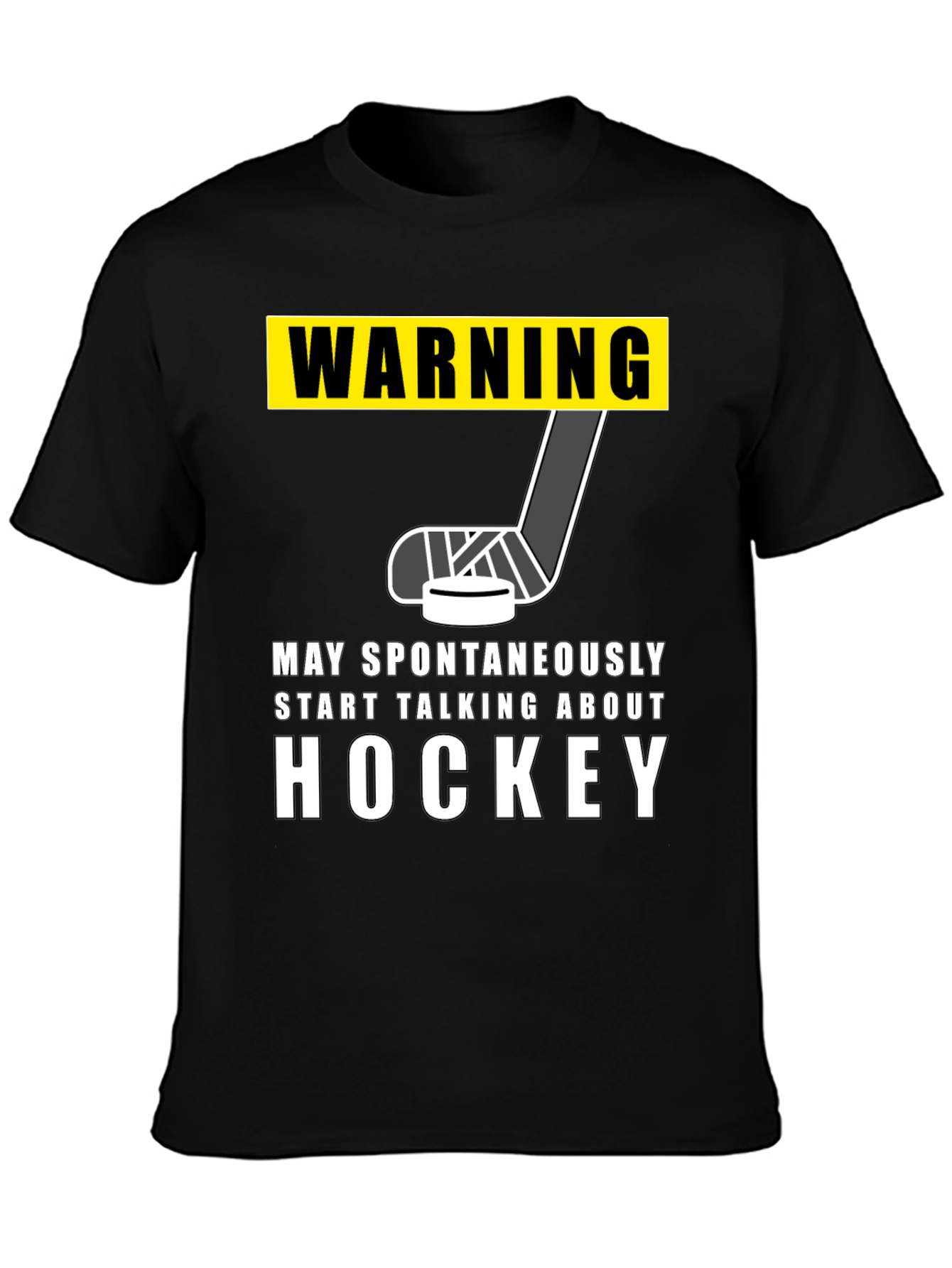 Black Warning Hockey T-Shirt - May Spontaneously Talk About Hockey view 3