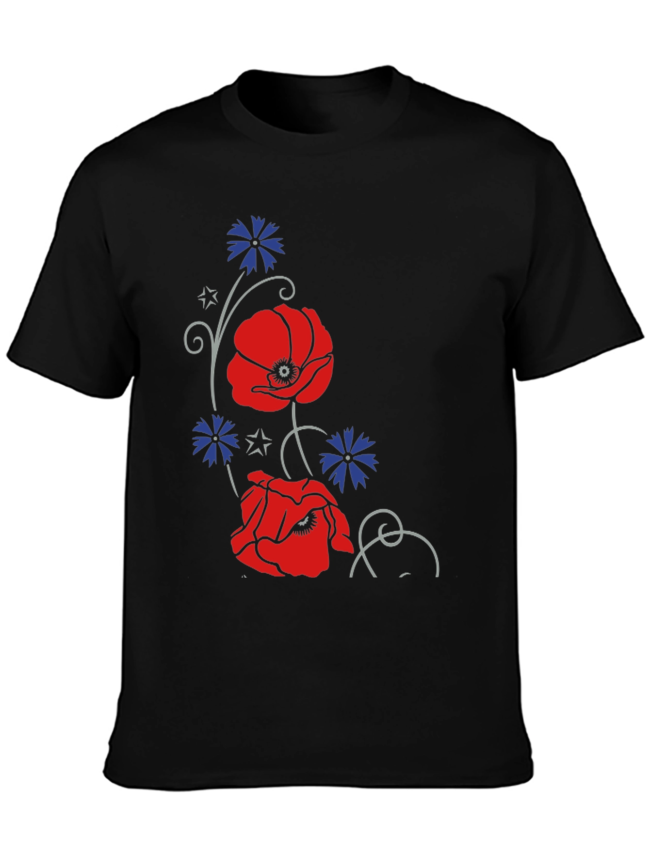 Black Floral Poppy & Cornflower Print Black T-Shirt view 3