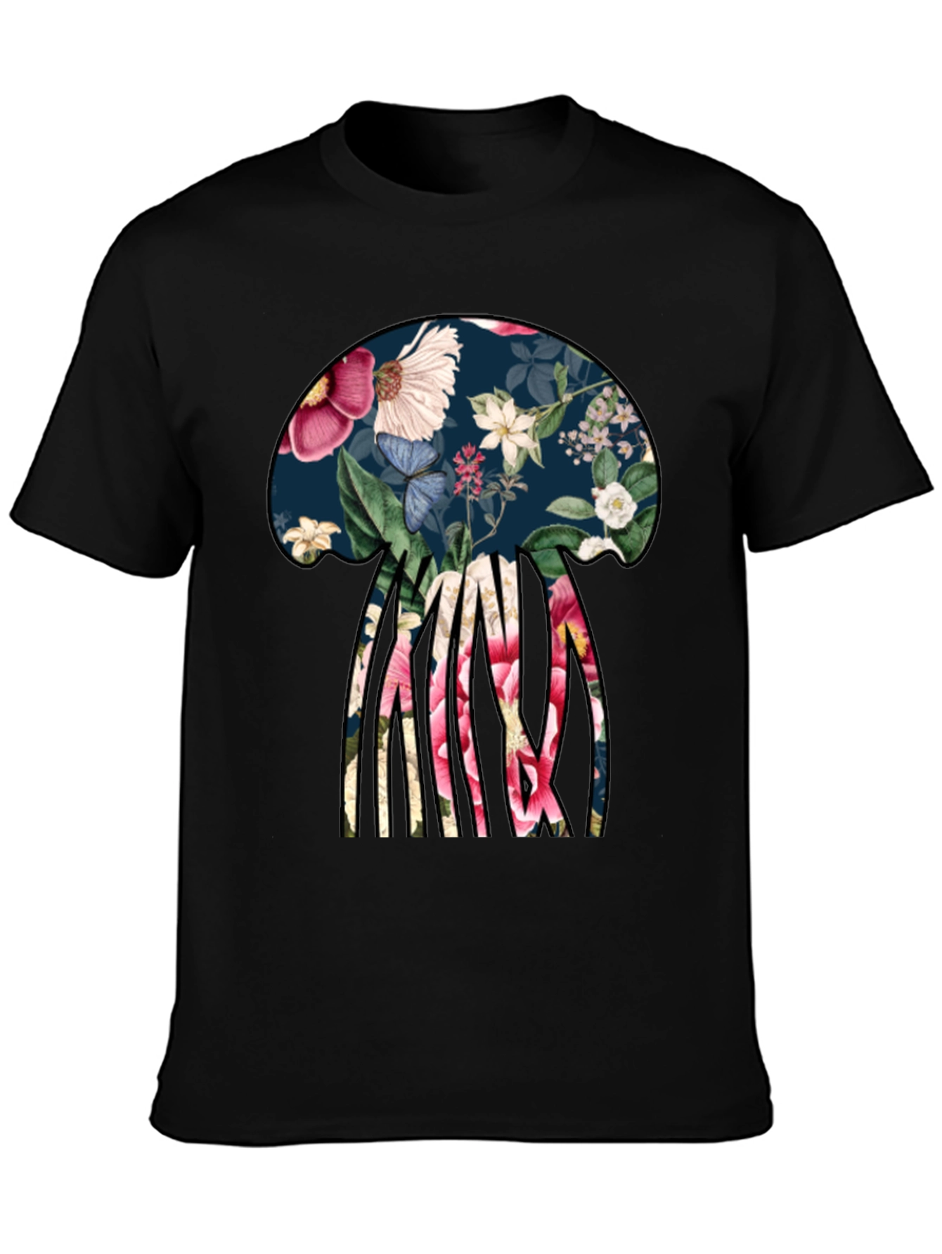 Black Floral Jellyfish Graphic Tee - Black Cotton T-Shirt view 3