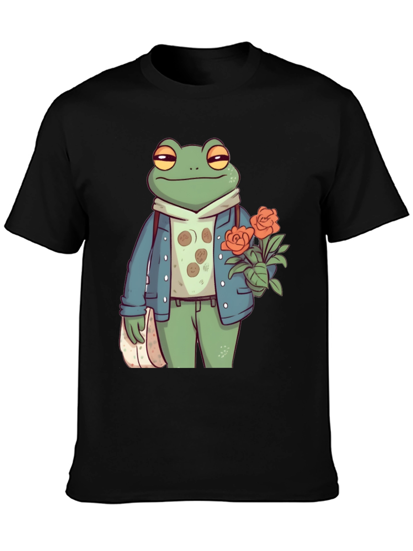 Black Stylish Frog with Flowers Graphic Tee view 3