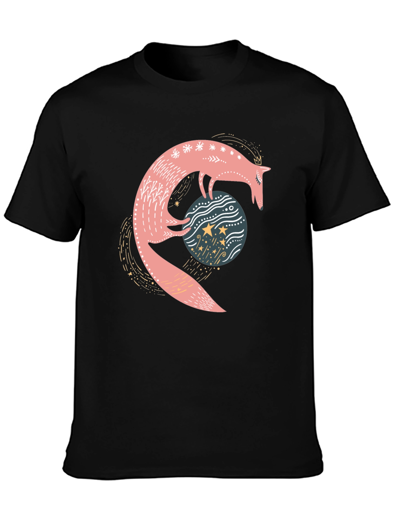 Black Whimsical Fox & Planet Black T-Shirt view 3