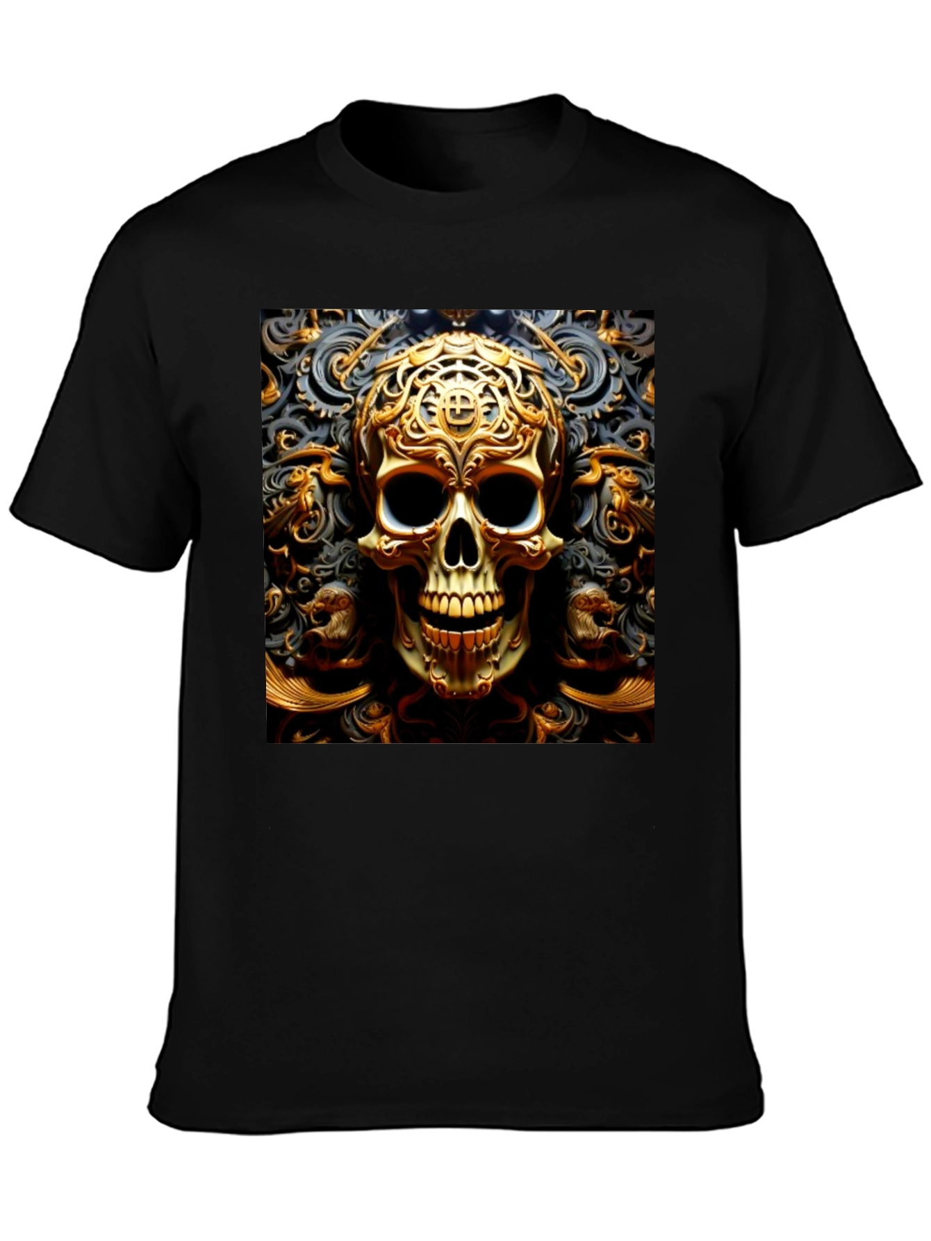 Black Ornate Gold Skull Graphic Tee view 3