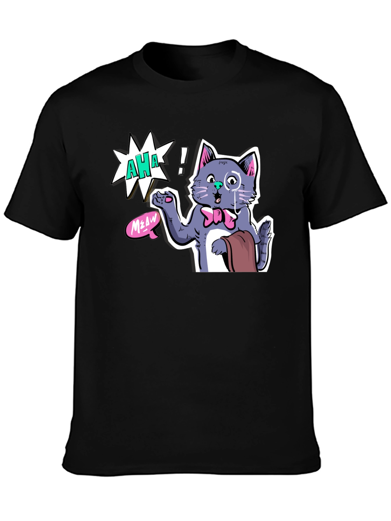Black AHA! Monocled Cat Tee - Quirky Cartoon Style view 3