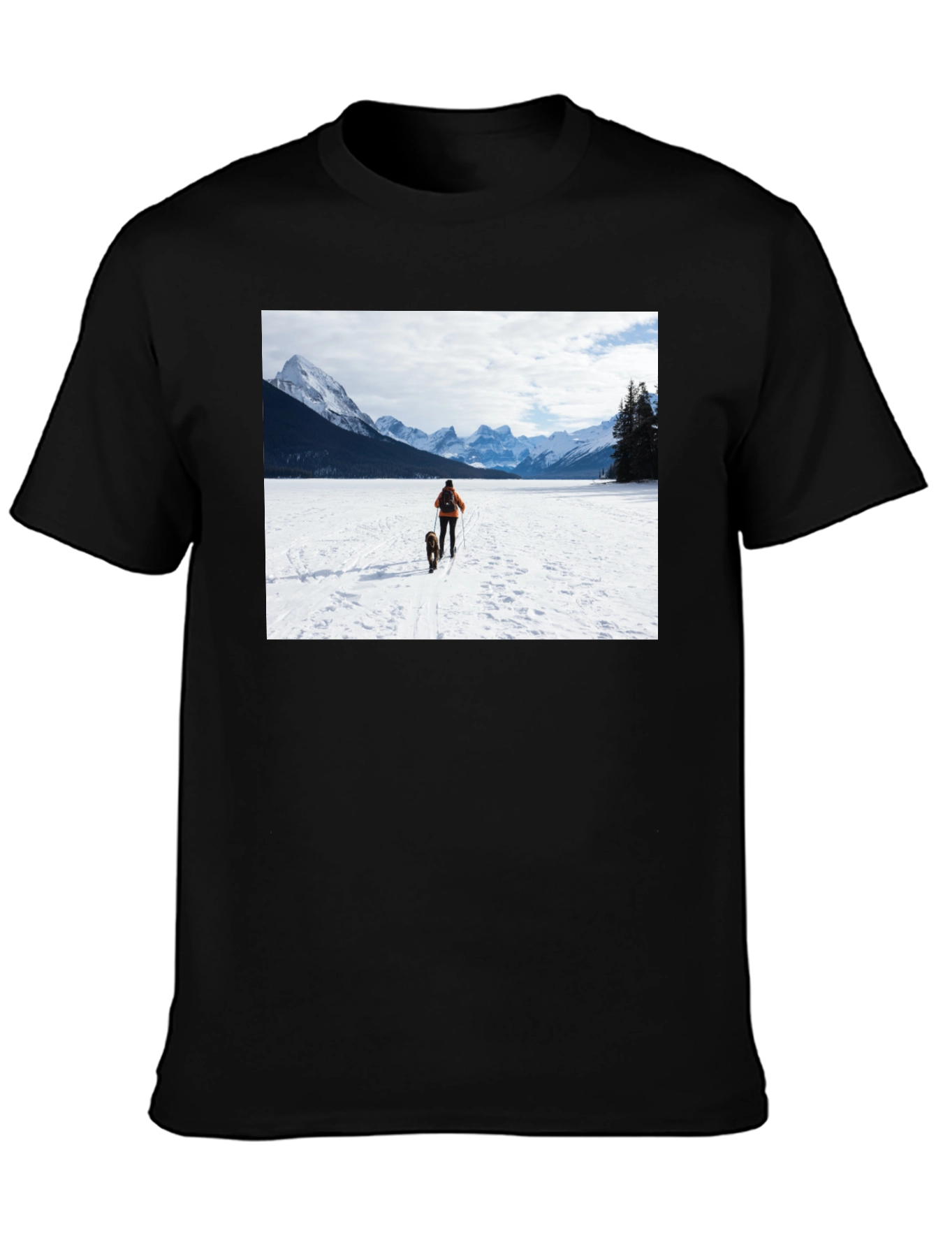 Black Winter Adventure T-Shirt: Skier & Dog Graphic Tee view 3