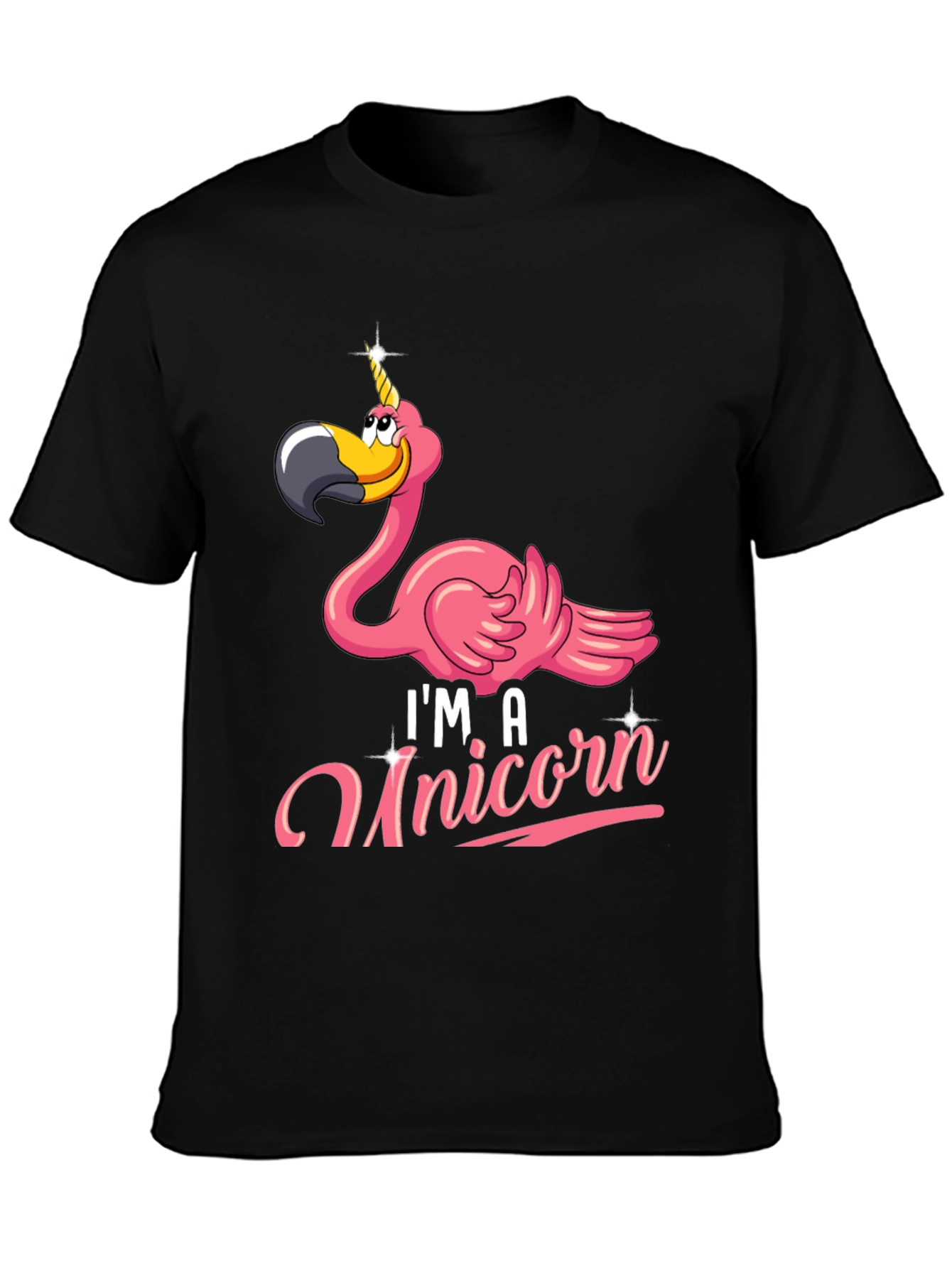 Black Funny Flamingo Unicorn Men's Black T-Shirt view 3