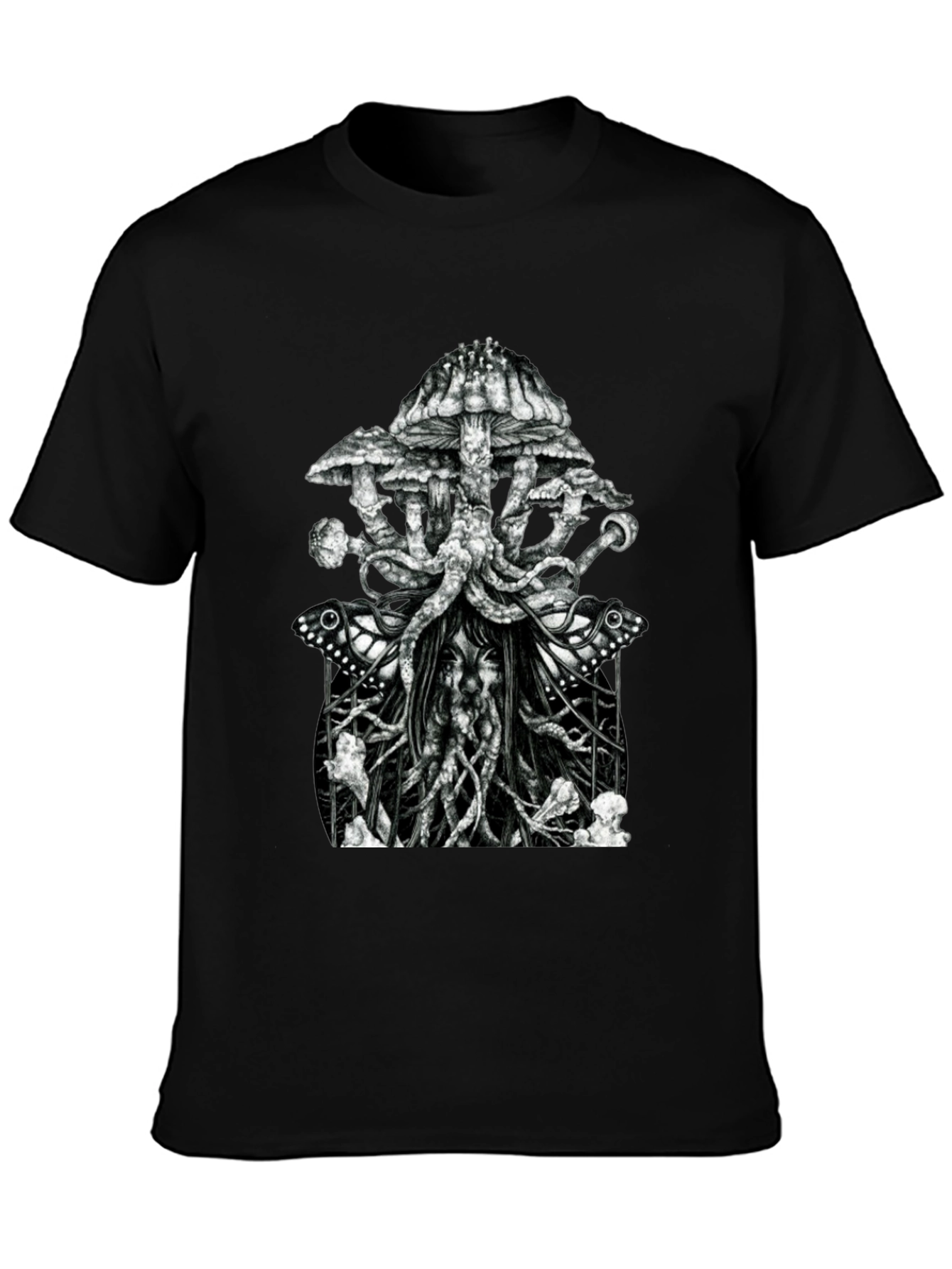 Black Mushroom & Butterfly Graphic Tee - Unique Design view 3