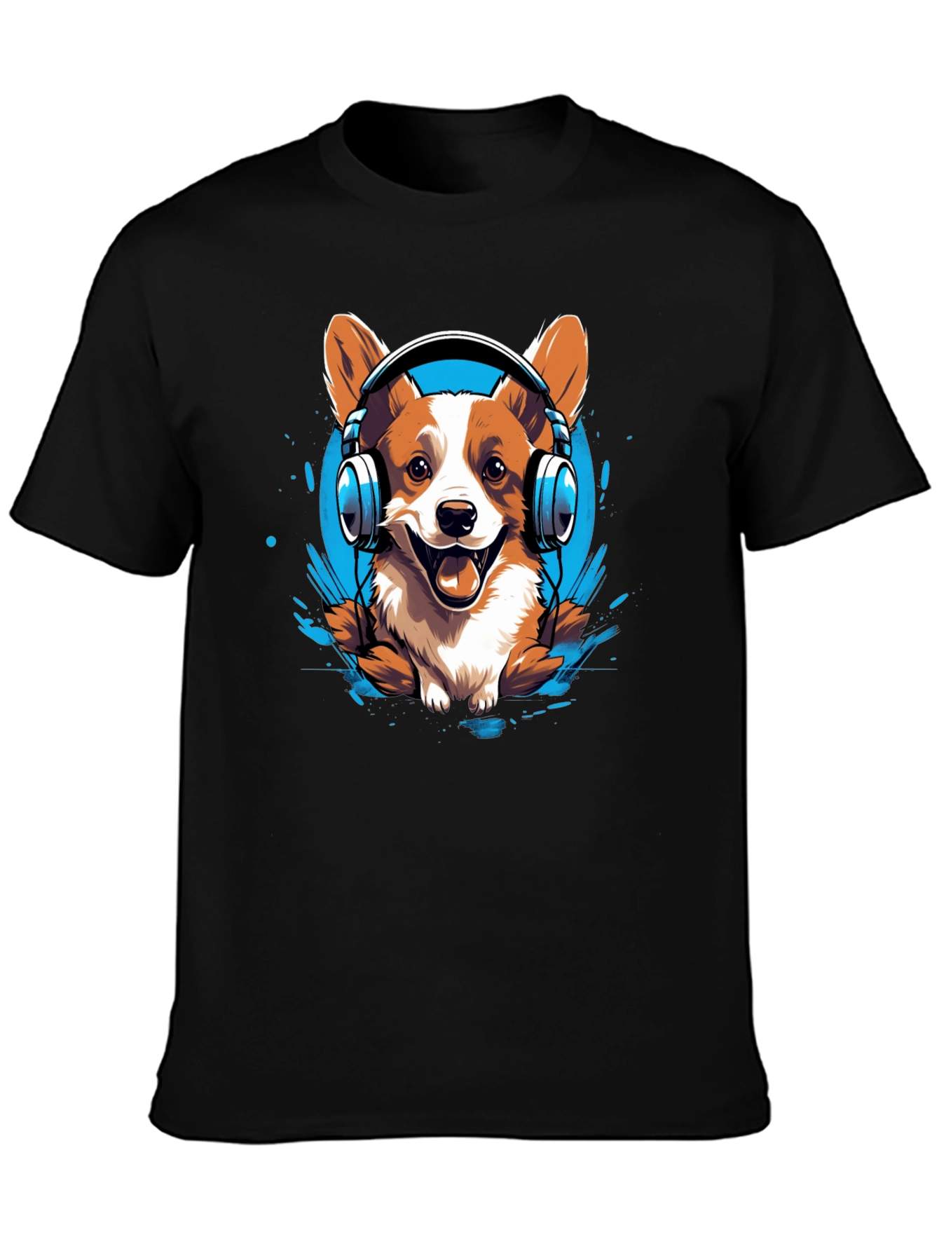 Black Corgi Headphones Graphic Tee view 3