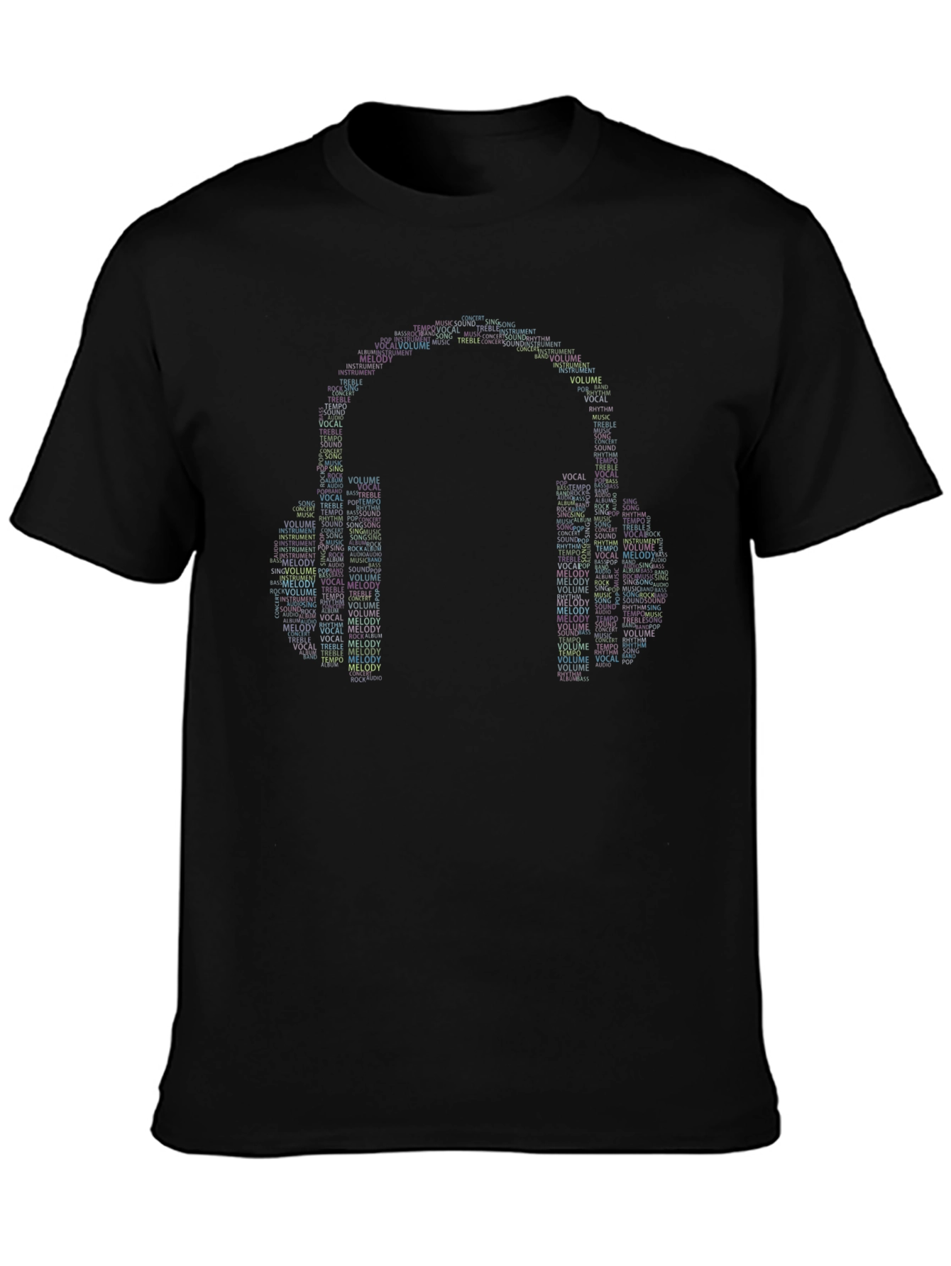 Black Musical Headphones Word Art Graphic T-Shirt view 3