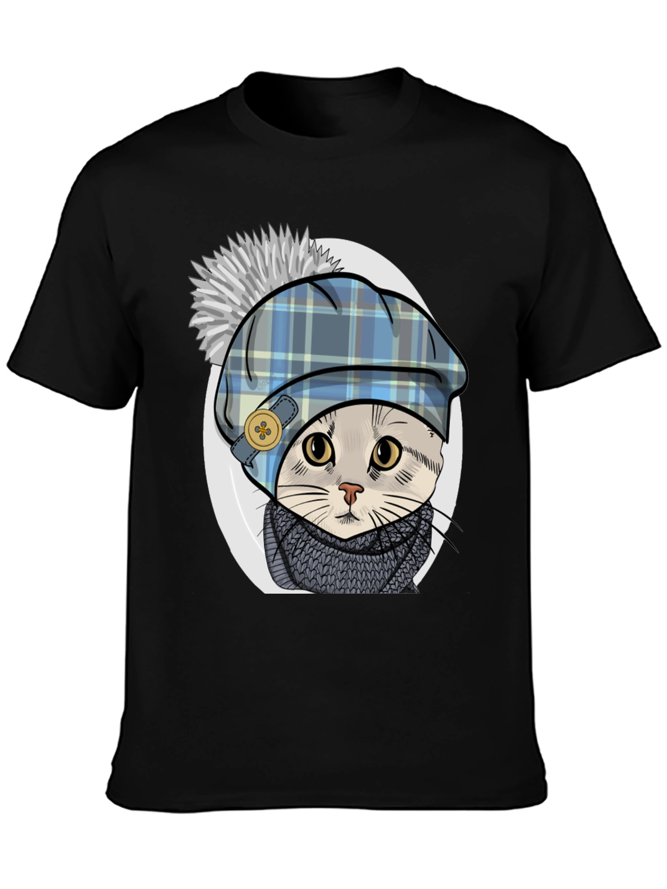 Black Cat in Tartan Hat T-Shirt - Whimsical Comfort view 3