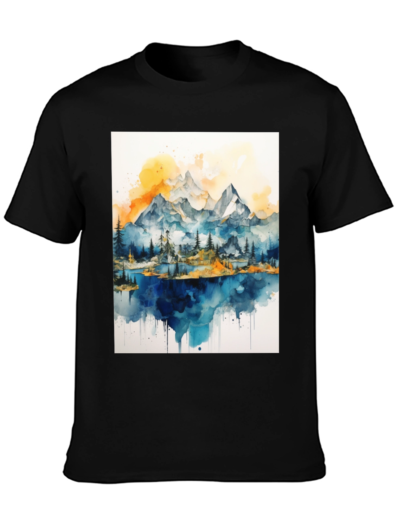 Black Watercolor Mountain Lake Graphic Tee view 3