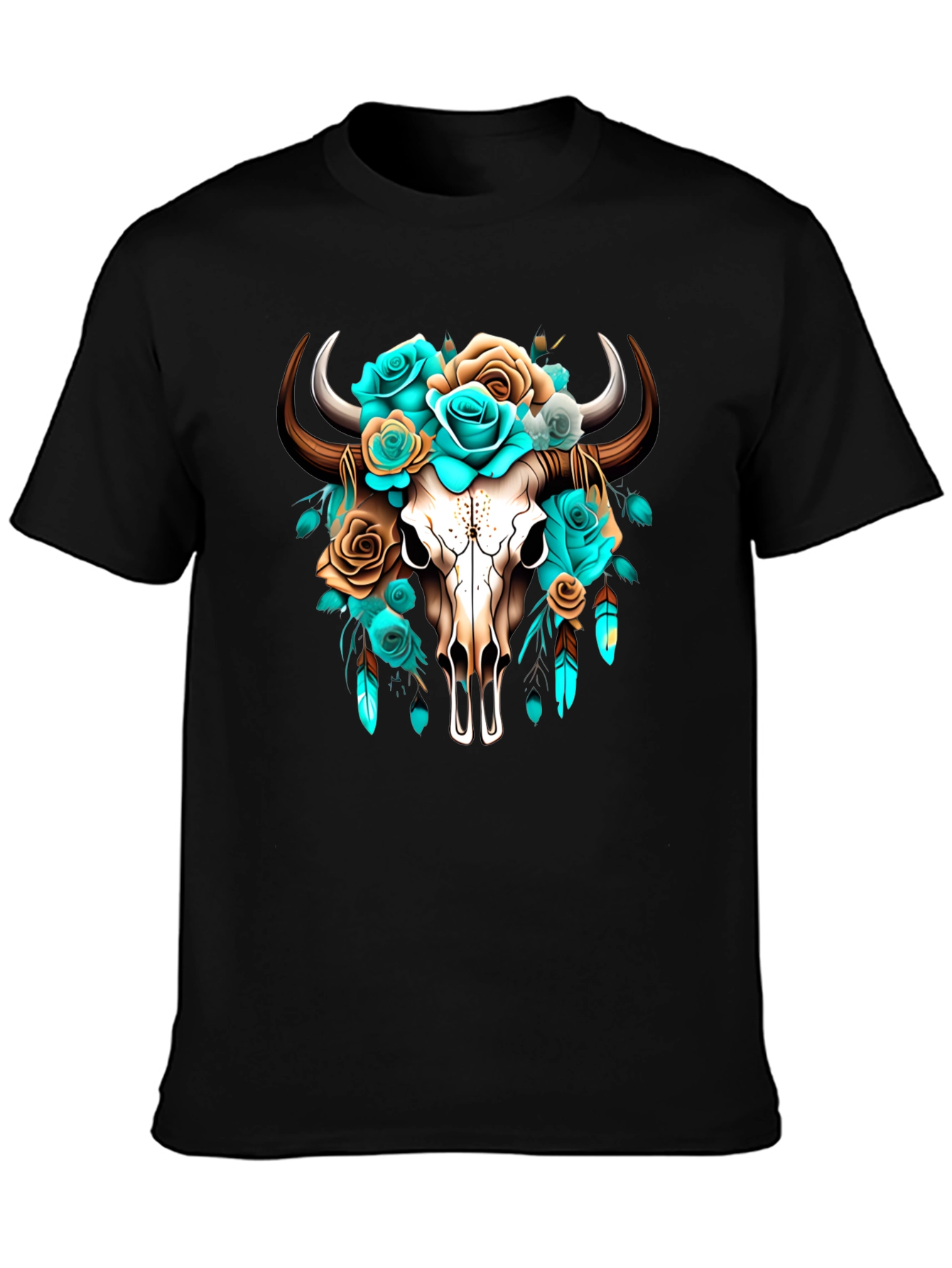 Black Floral Bull Skull Graphic Tee - Western Style view 3