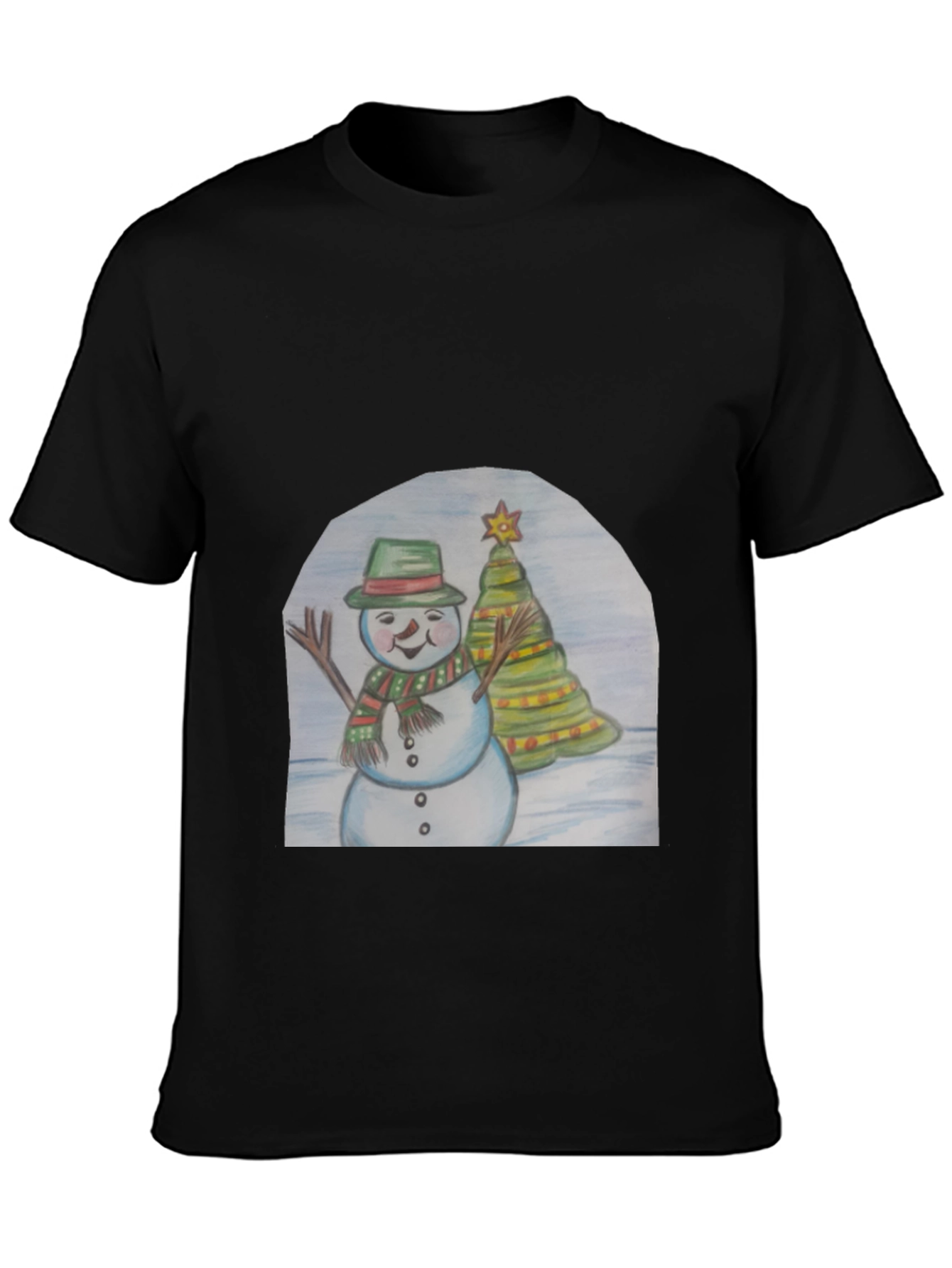 Black Festive Snowman & Christmas Tree T-Shirt view 3