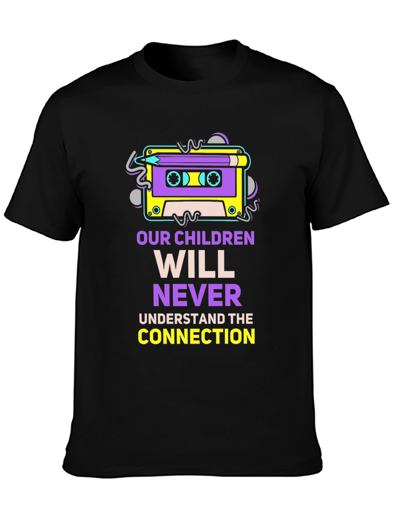 Black Retro Cassette Tape & Pencil Graphic T-Shirt view 3