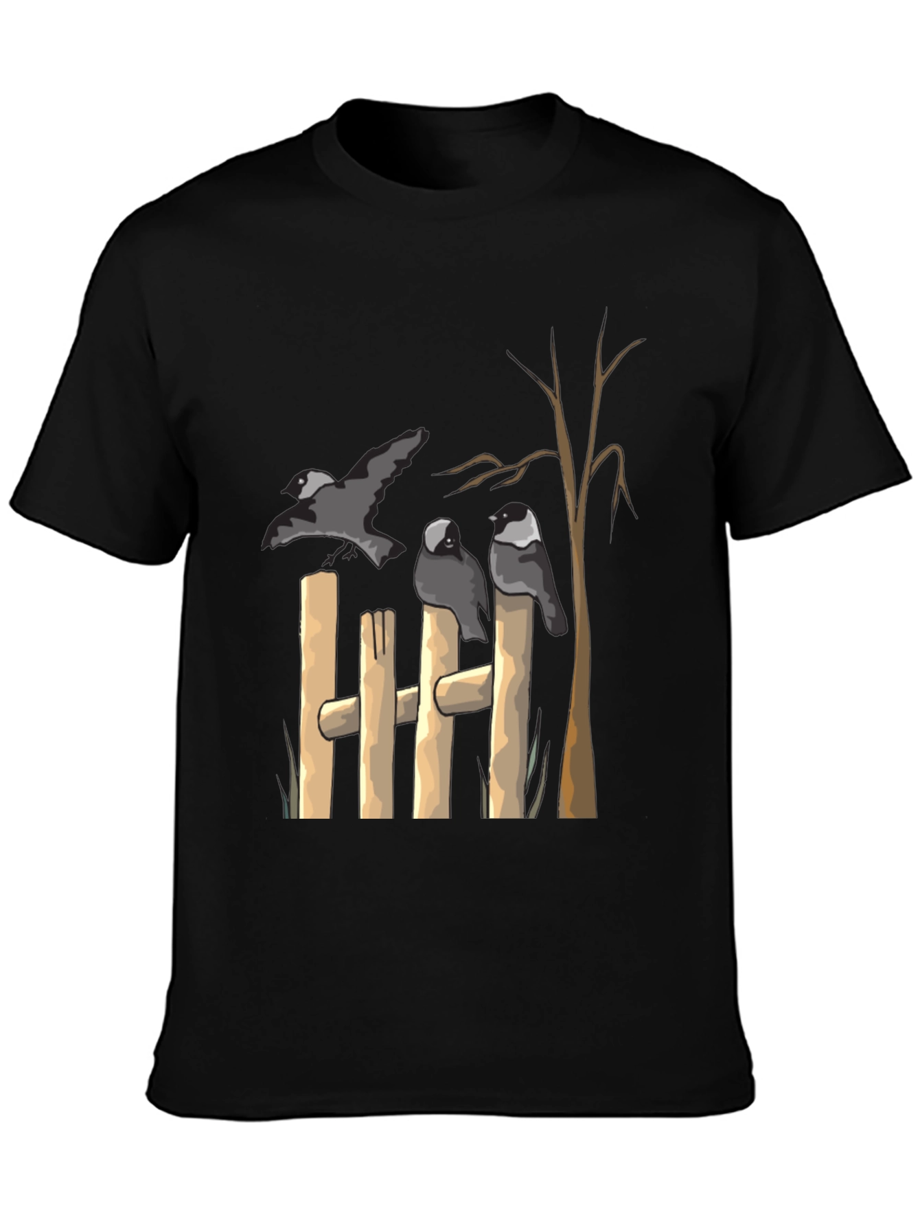 Black Birds on Fence Graphic Black T-Shirt view 3