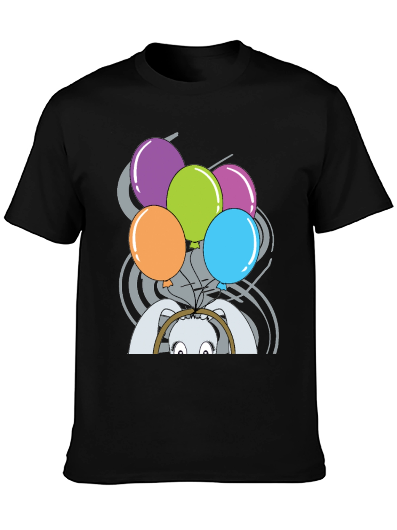 Black Funny Rabbit with Balloons T-Shirt view 3