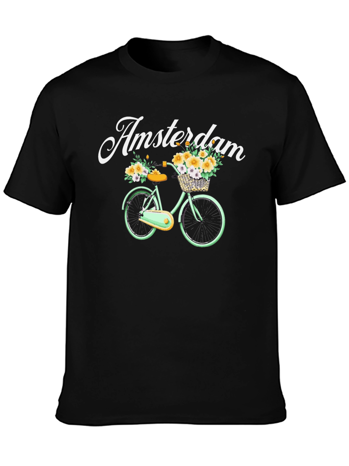 Black Amsterdam Bicycle Graphic Tee - Floral Basket Design view 3