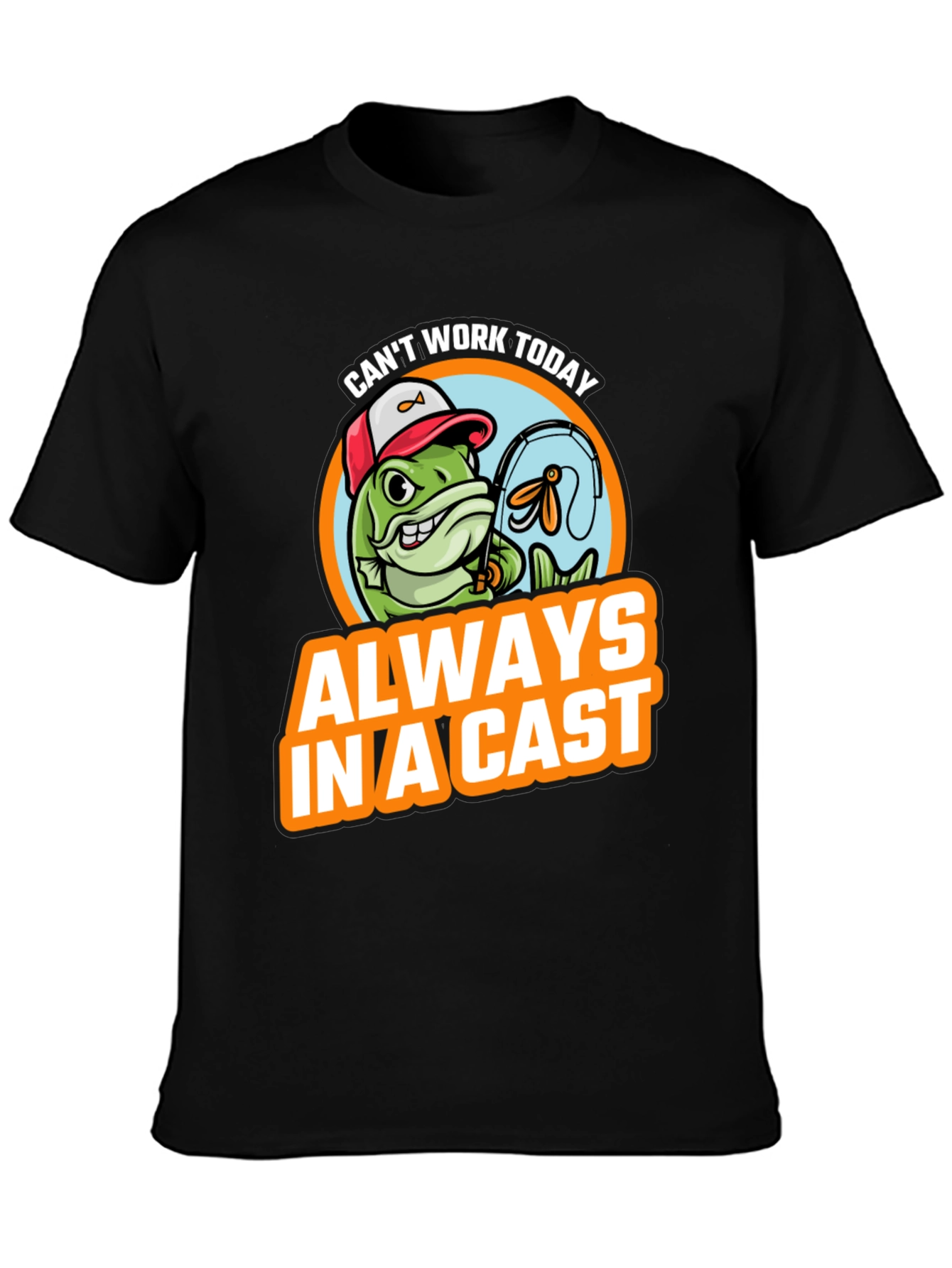 Black Funny Fishing T-Shirt - "Always In A Cast" view 3