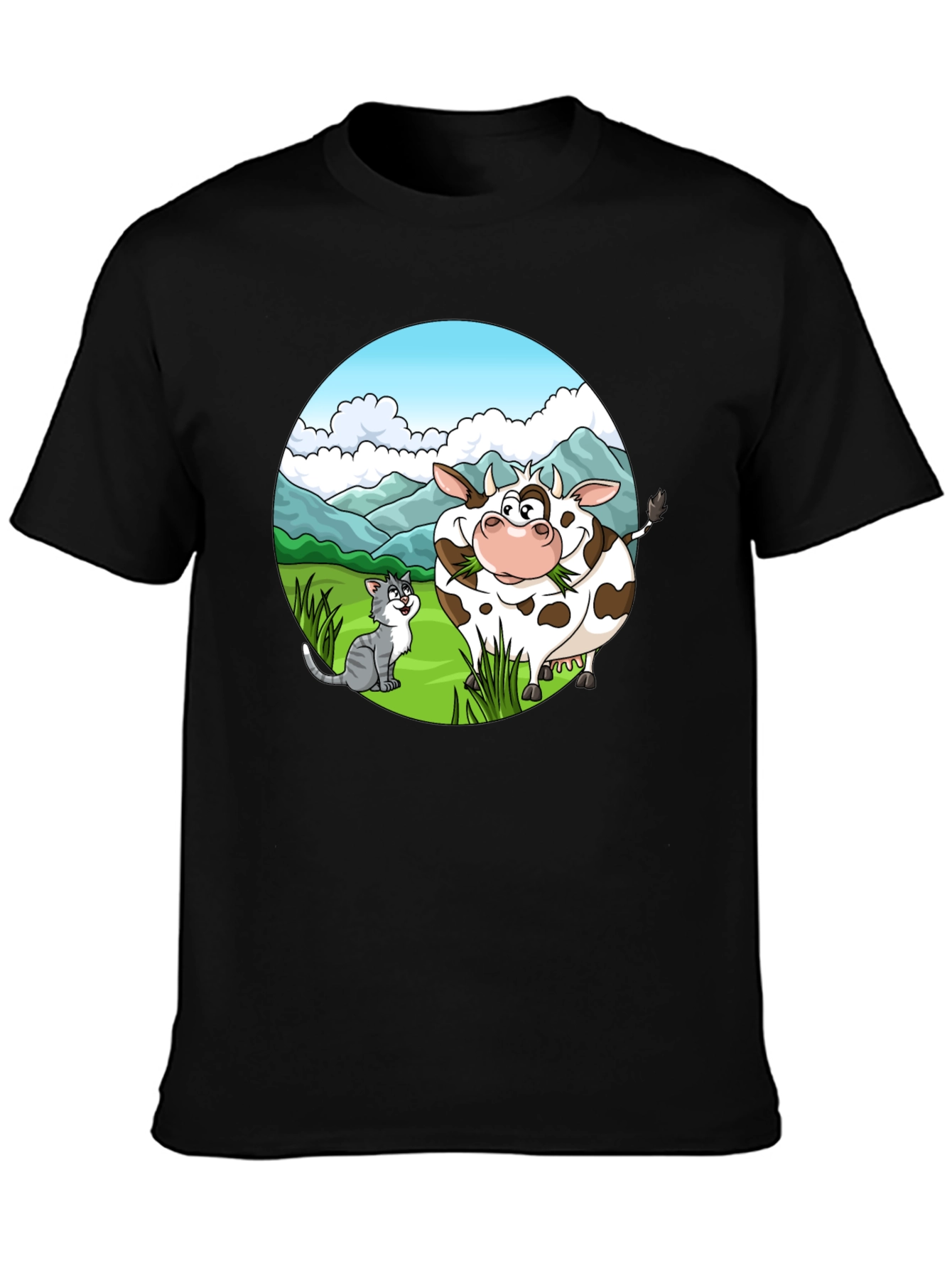 Black Cartoon Cow and Cat Graphic Black T-Shirt view 3