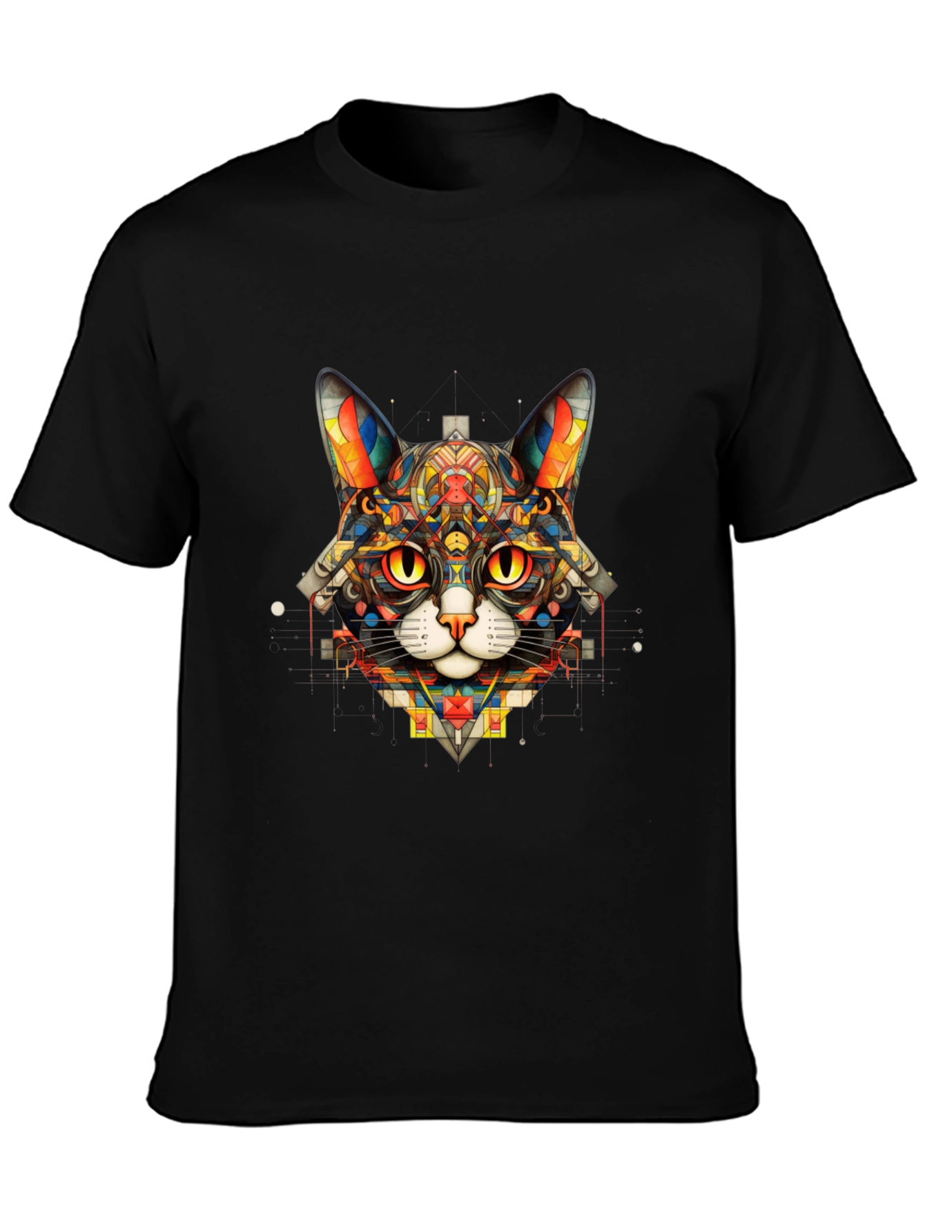 Black Geometric Cat T-Shirt - Unique Art Design view 3