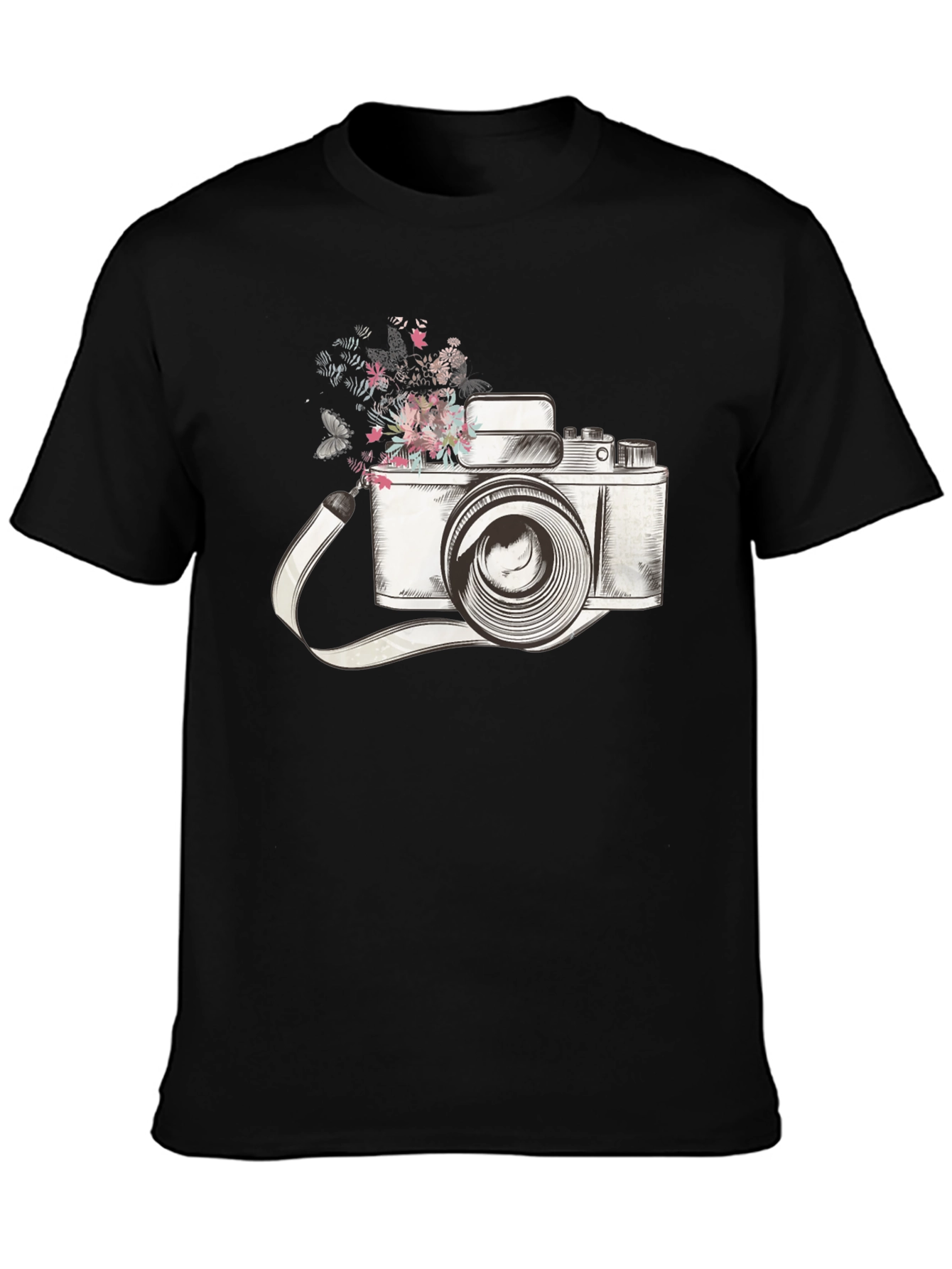 Black Floral Camera Graphic Tee - Trendy Unisex T-Shirt view 3