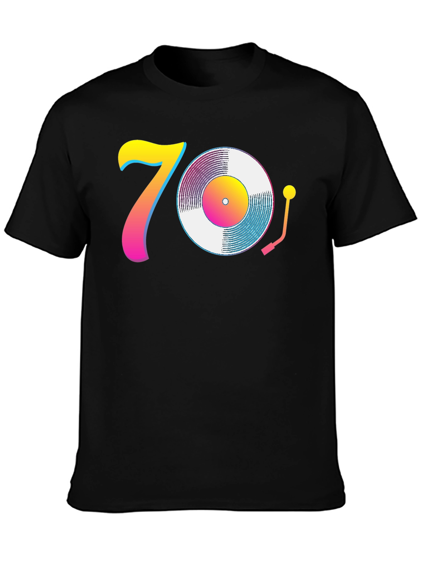 Black 70s Retro Vinyl Record T-Shirt - Black view 3