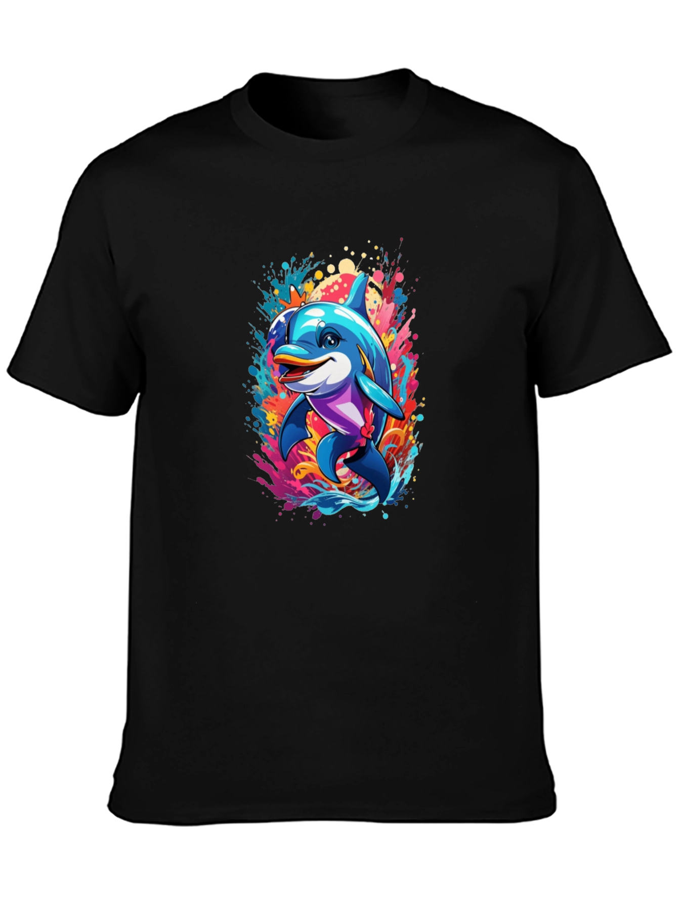 Black Dolphin Splash Black T-Shirt - Fun Graphic Tee view 3