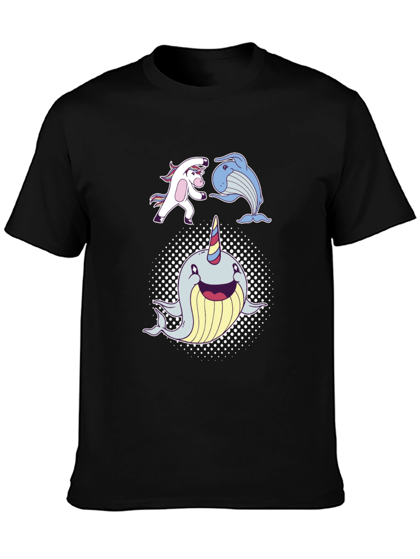 Black Whimsical Unicorn, Whale, Narwhal T-Shirt view 3