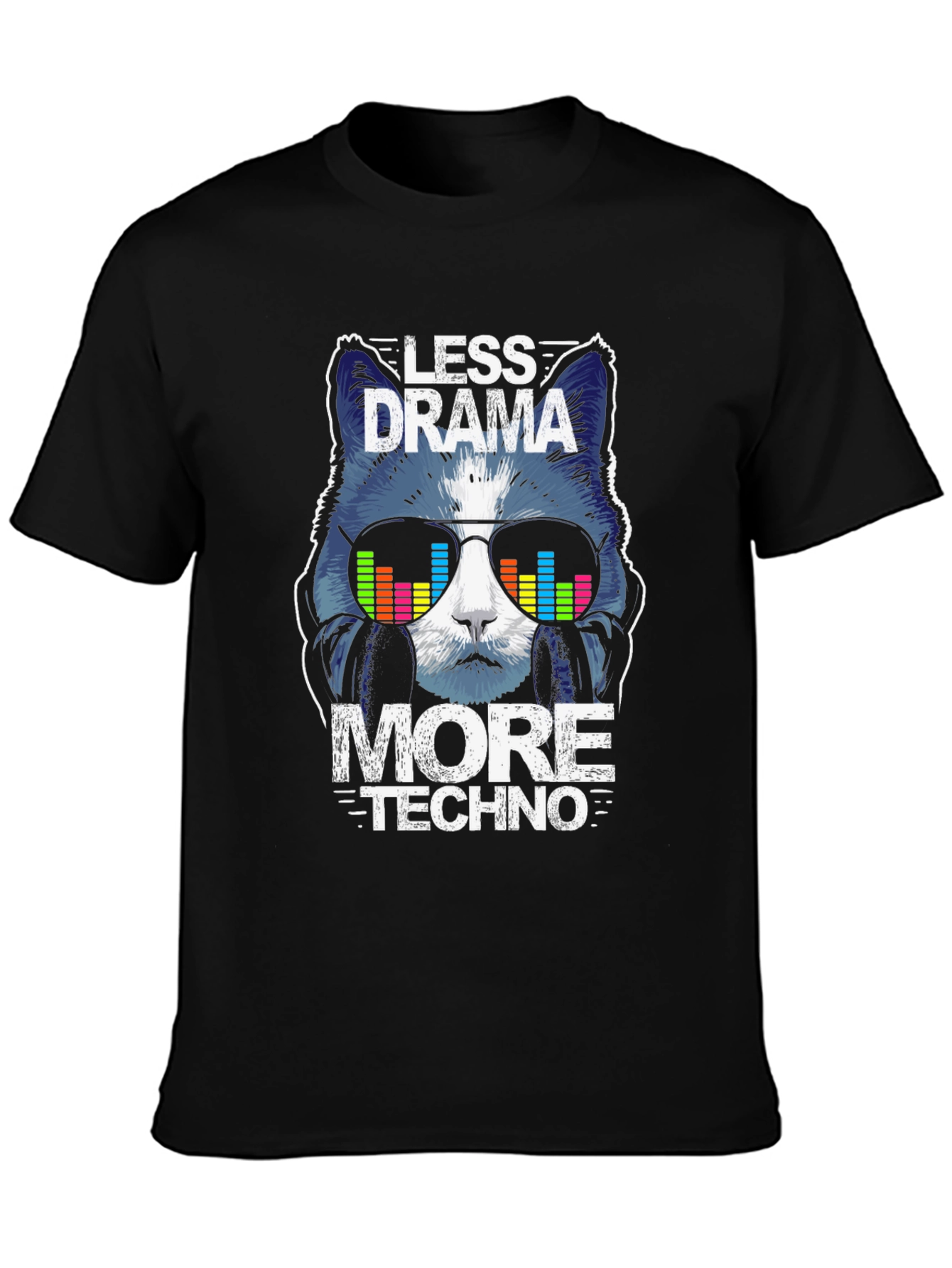 Black Less Drama More Techno Cat Graphic T-Shirt view 3