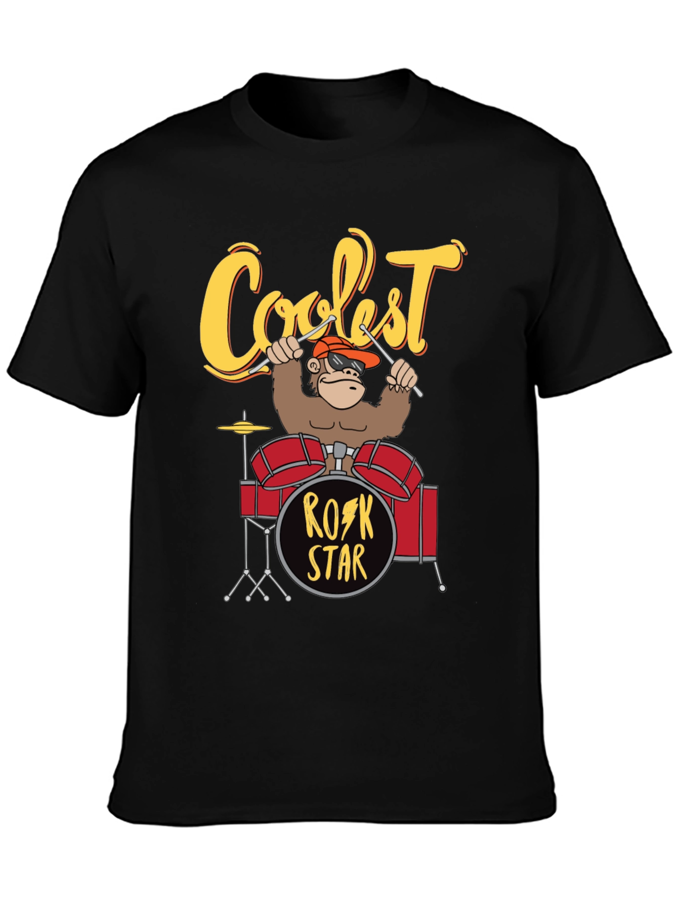 Black Coolest Rock Star Monkey Drummer T-Shirt view 3