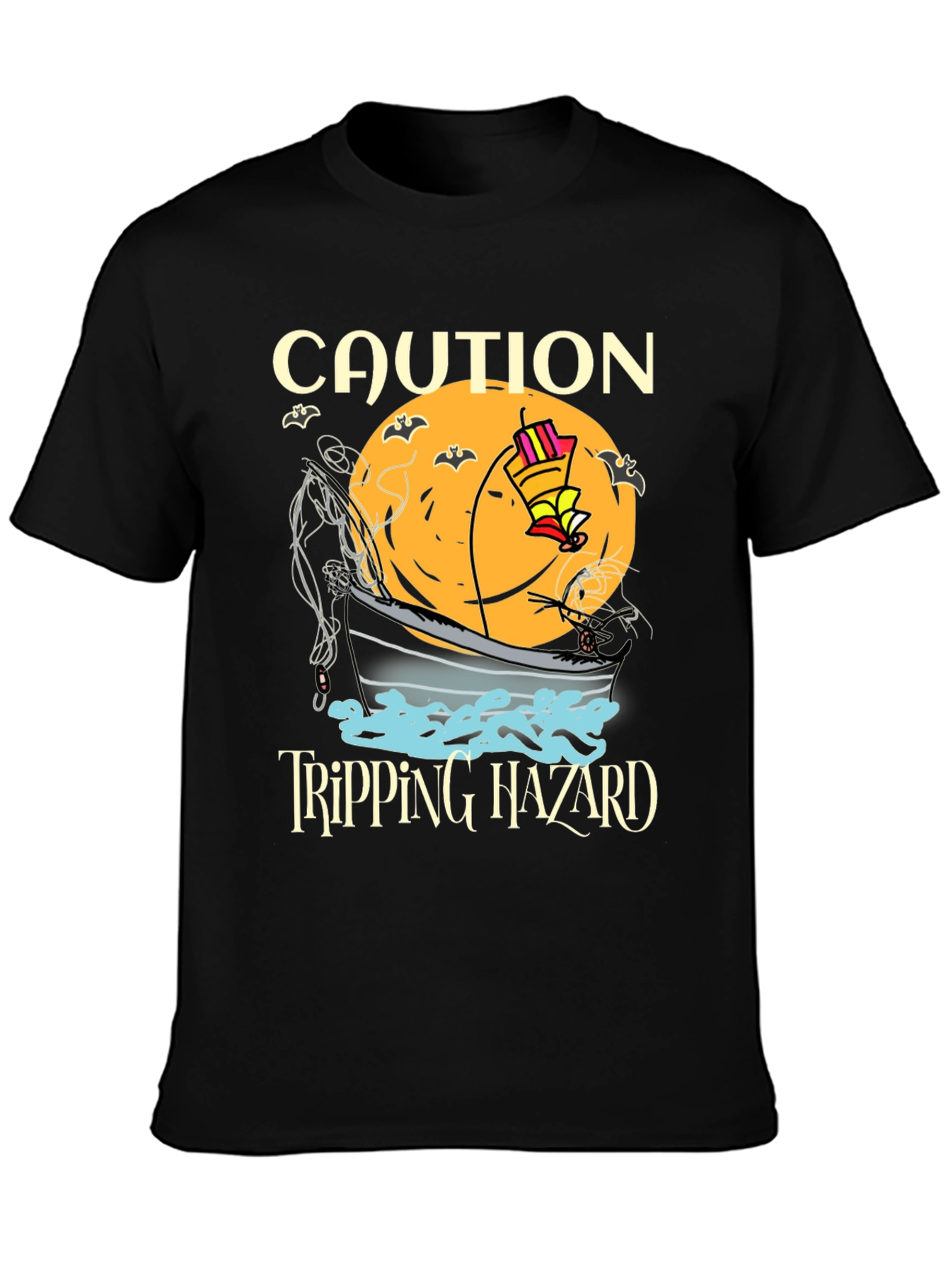 Black Caution Tripping Hazard Funny Halloween T-Shirt view 3