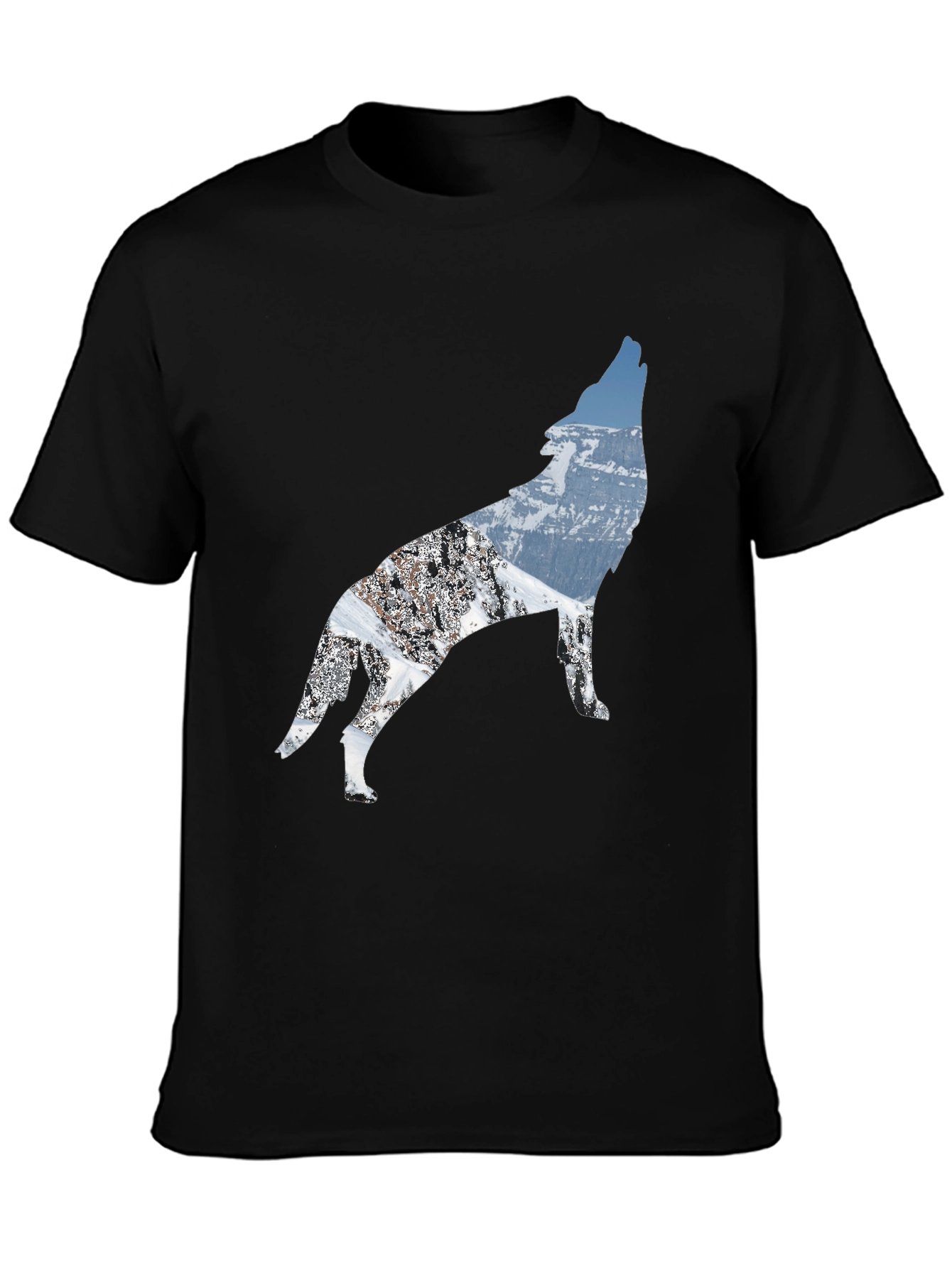 Black Wolf Mountain Scene Black T-Shirt view 3