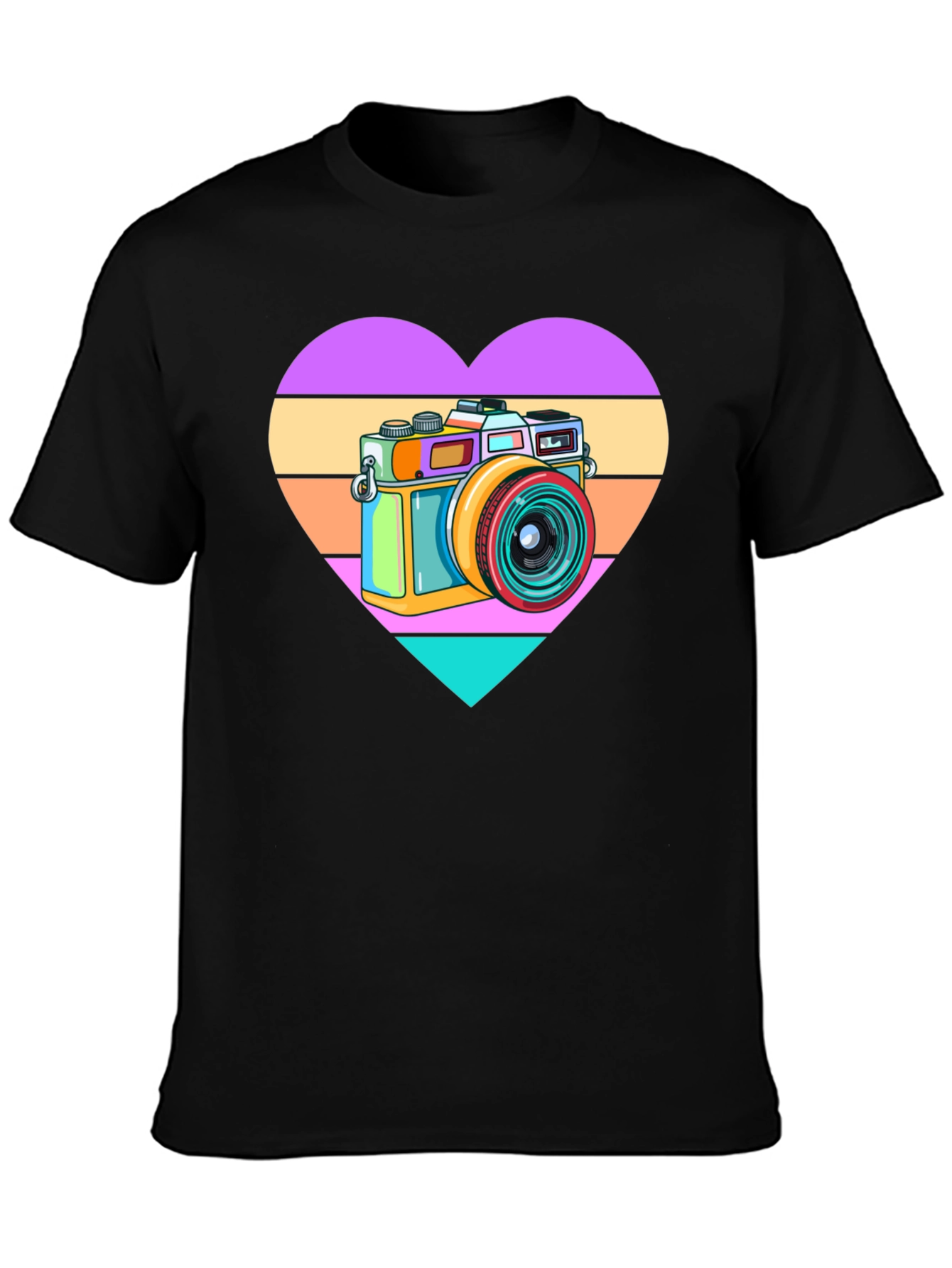 Black Retro Camera Heart Graphic Tee - Black Cotton T-Shirt view 3