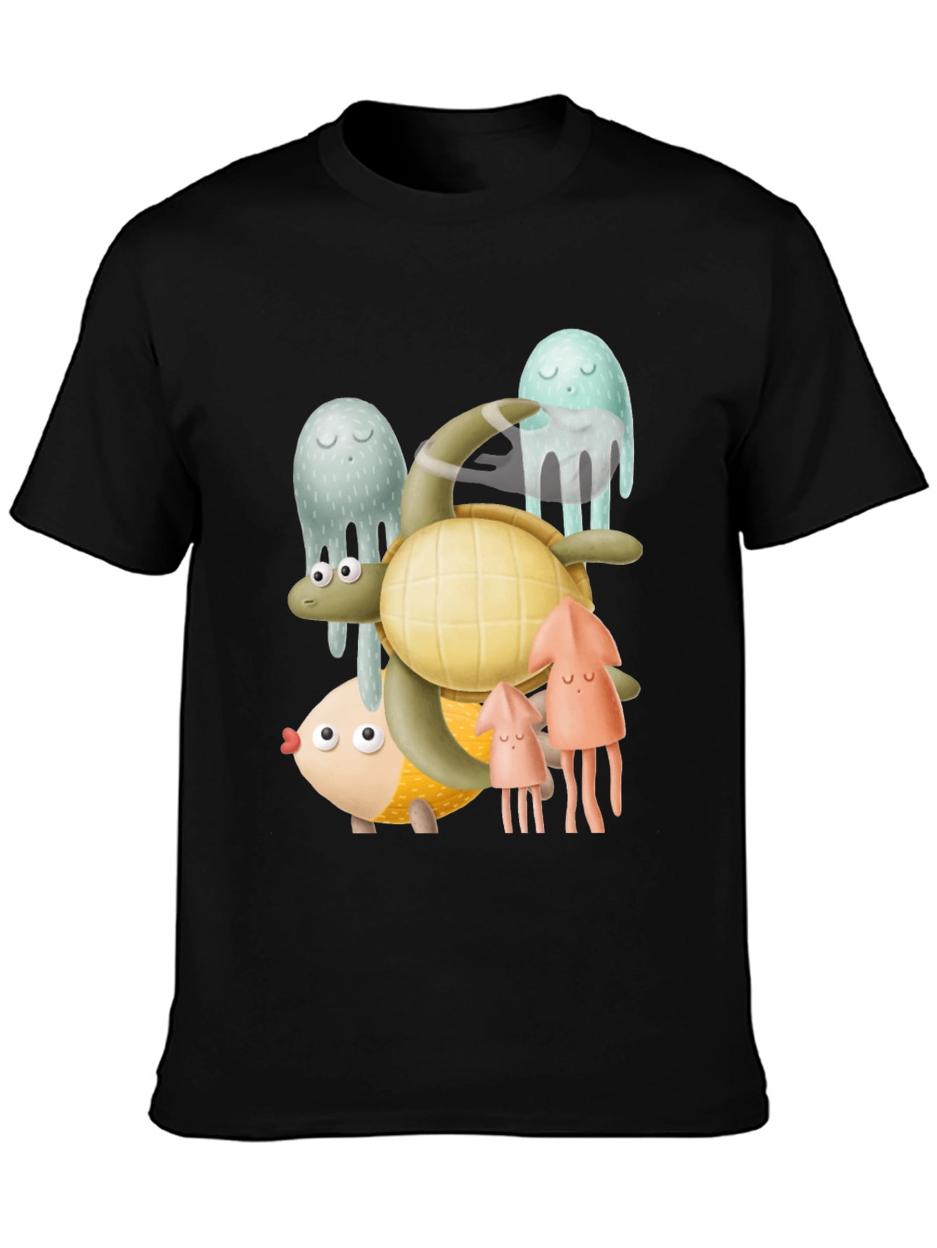 Black Sea Life Graphic Tee - Black Cotton T-Shirt view 3