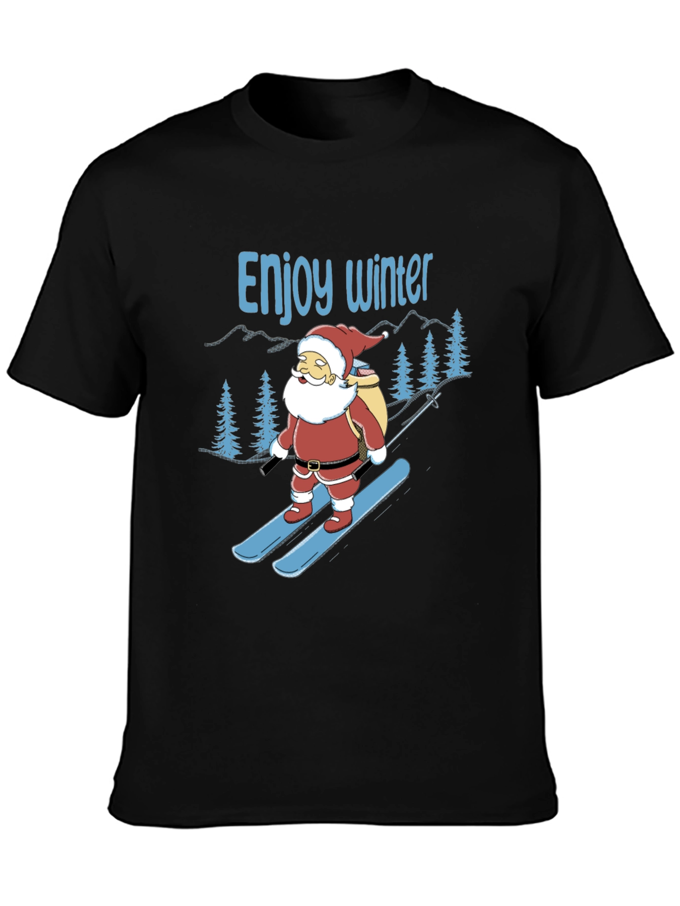 Black Enjoy Winter Santa Skiing Graphic Tee view 3