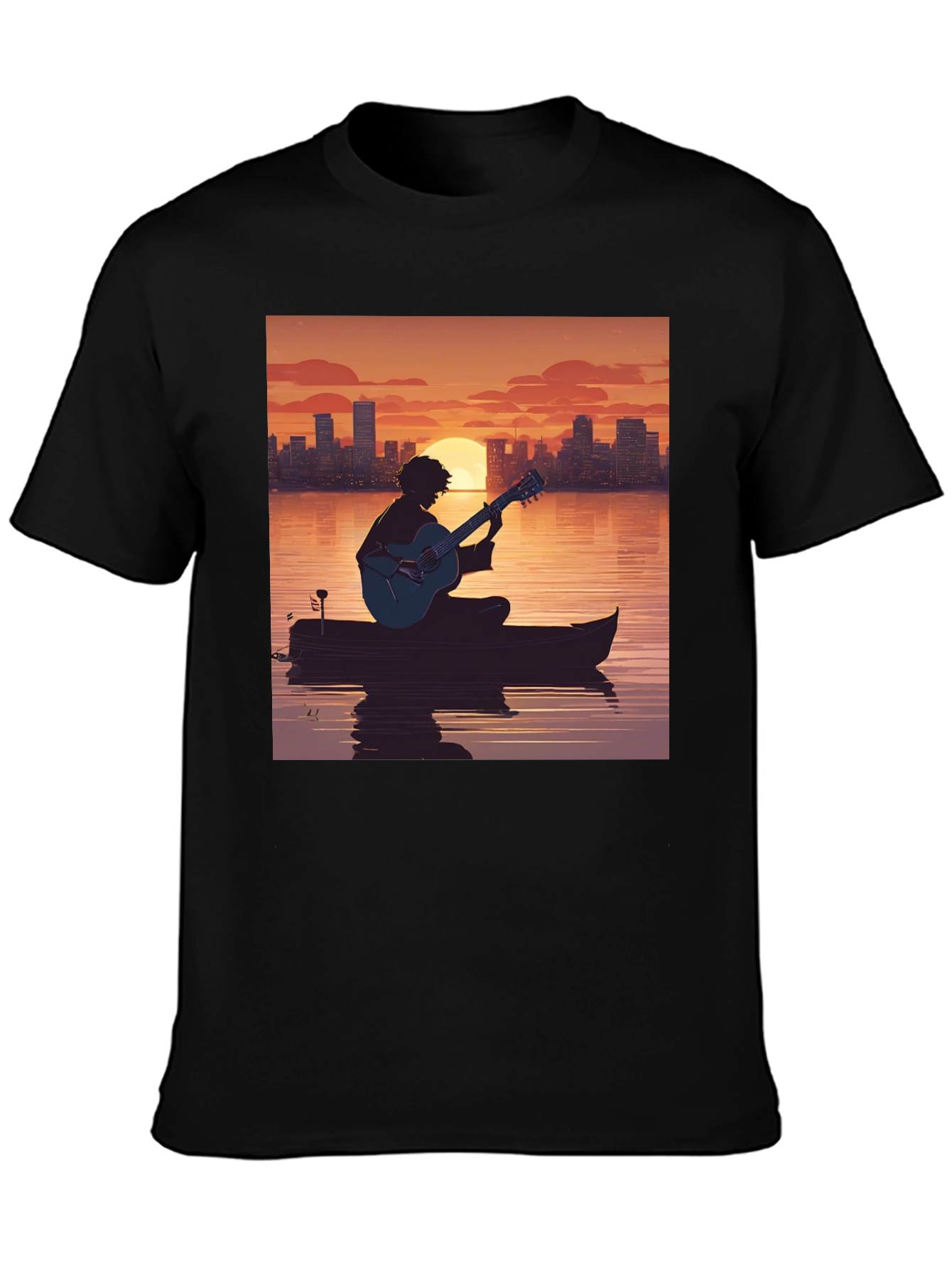 Black Sunset Guitarist T-Shirt - City Skyline Silhouette view 3