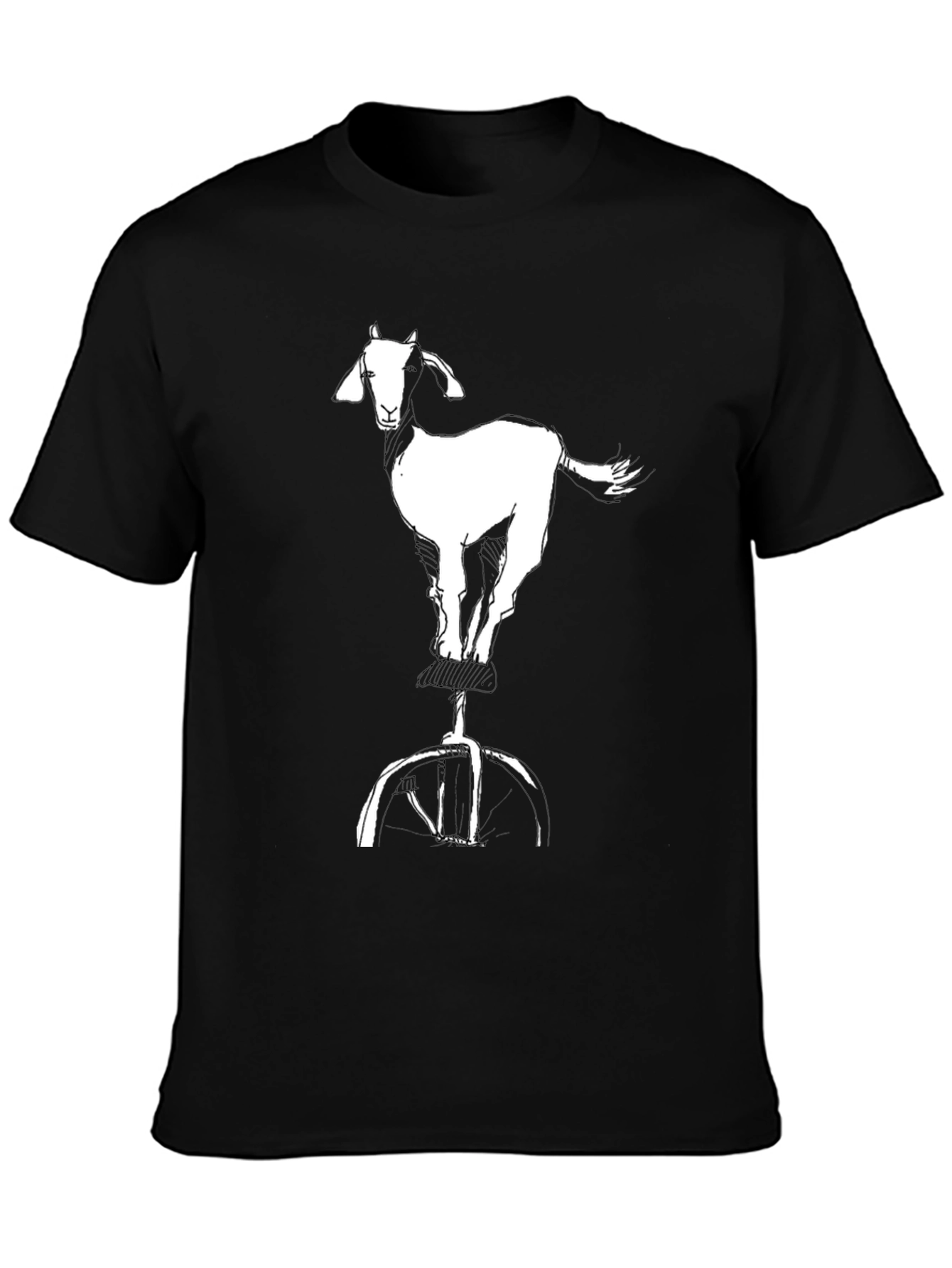 Black Goat on Unicycle Graphic Tee - Cool Casual Black T-Shirt view 3