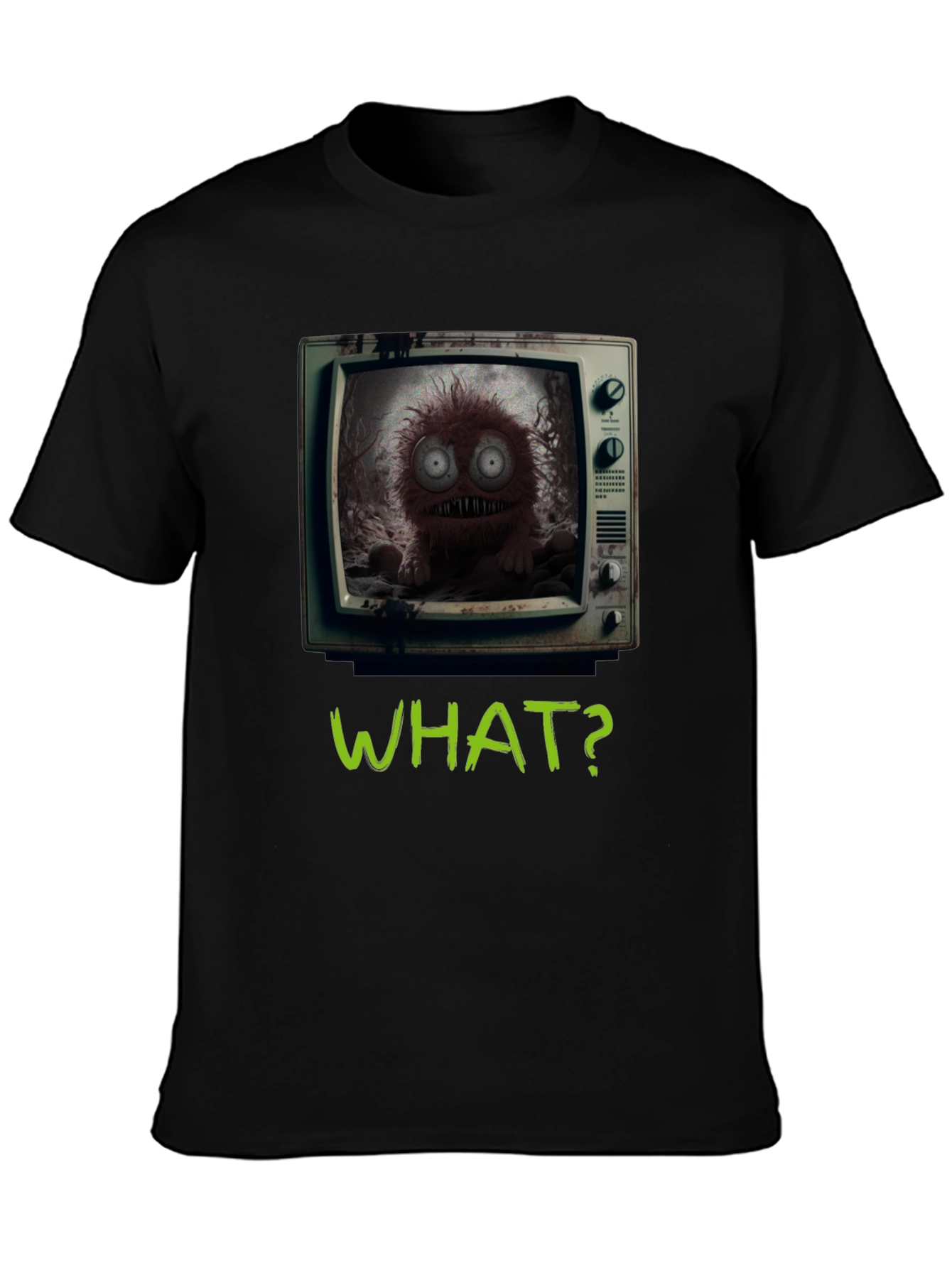 Black What? Monster TV Graphic Tee - Creepy Novelty T-Shirt view 3