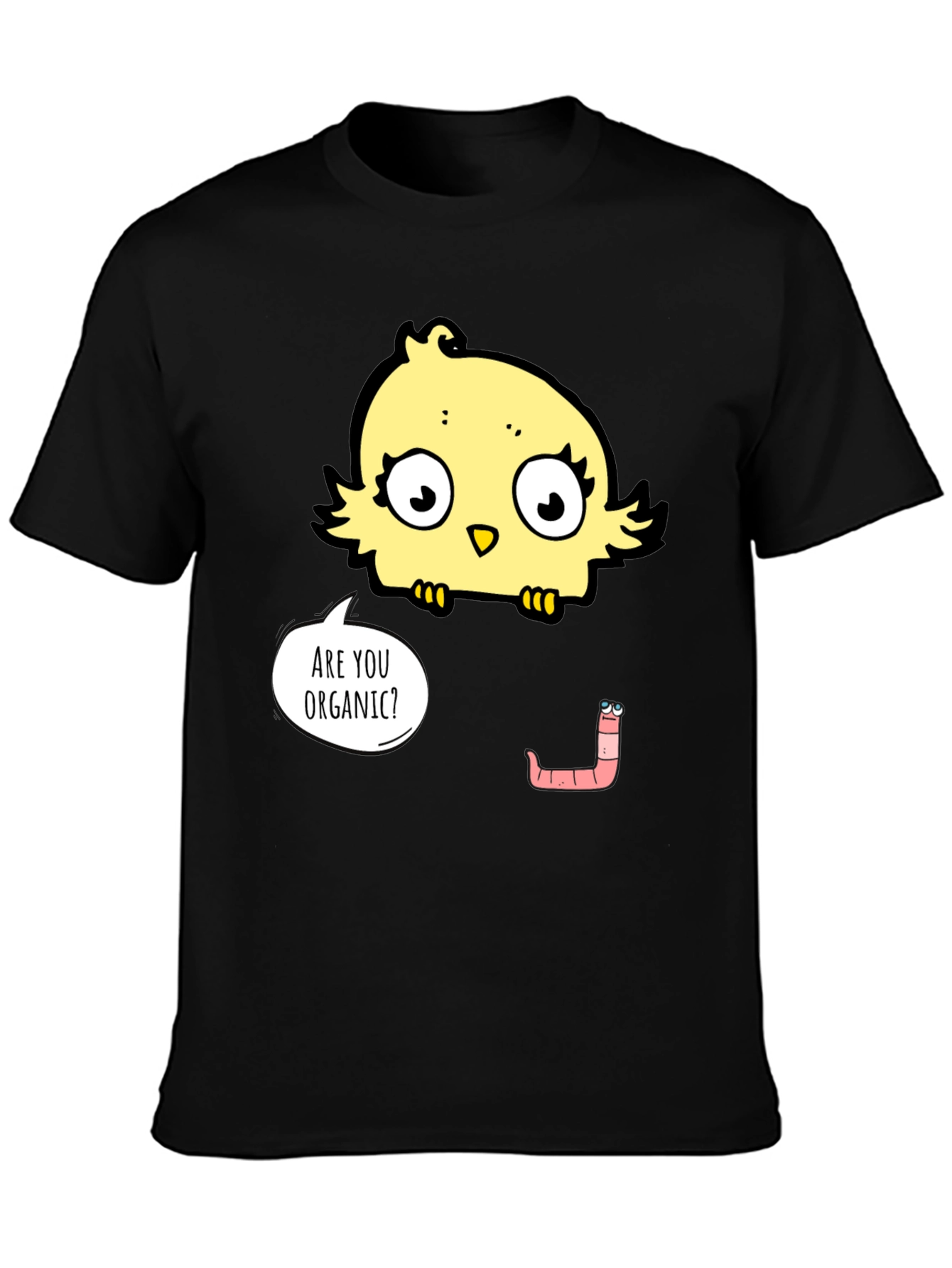 Black Organic Humor T-Shirt: Funny Chick & Worm Tee view 3