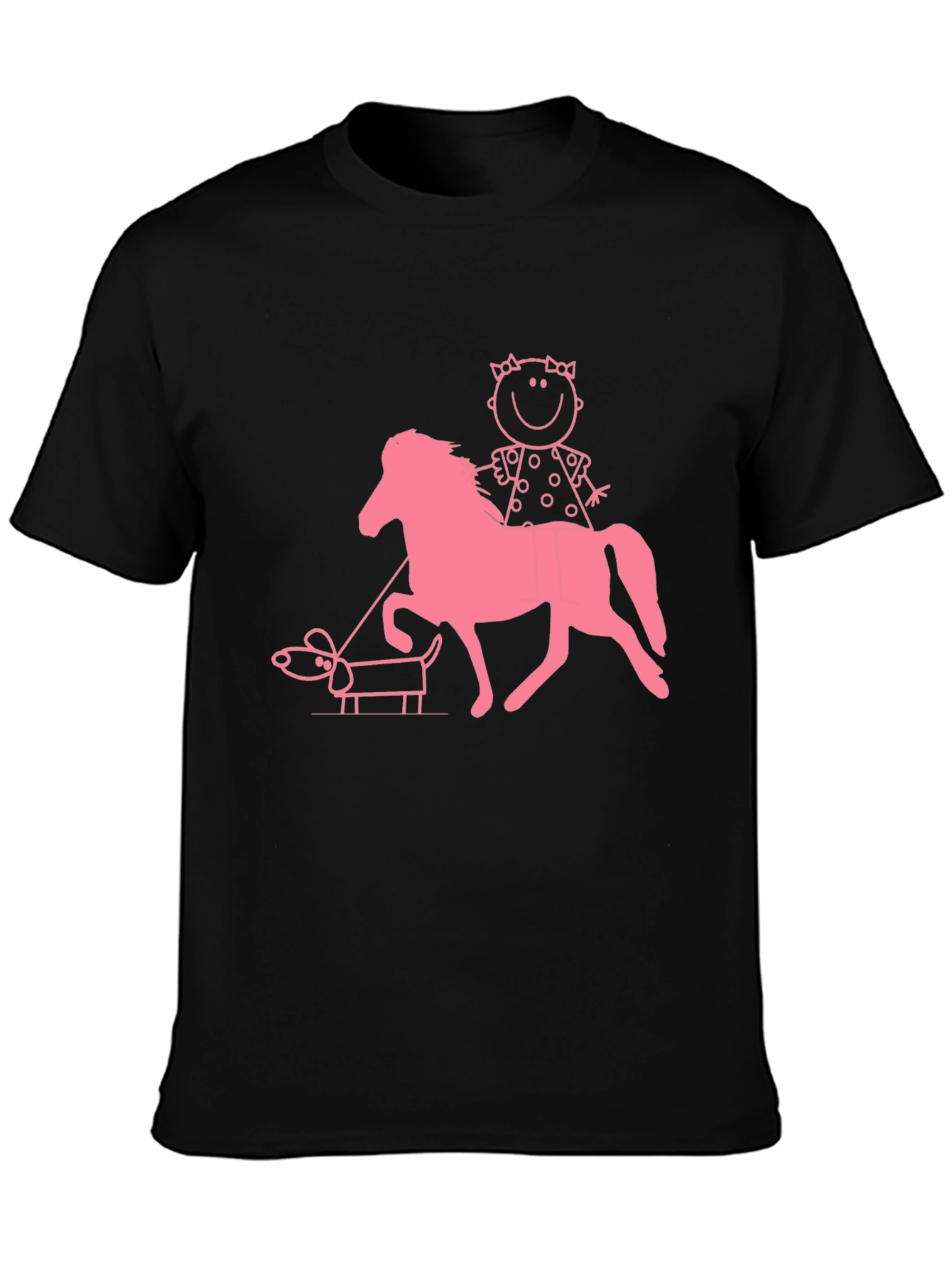 Black Playful Graphic Tee - Girl, Horse, and Dog Design view 3