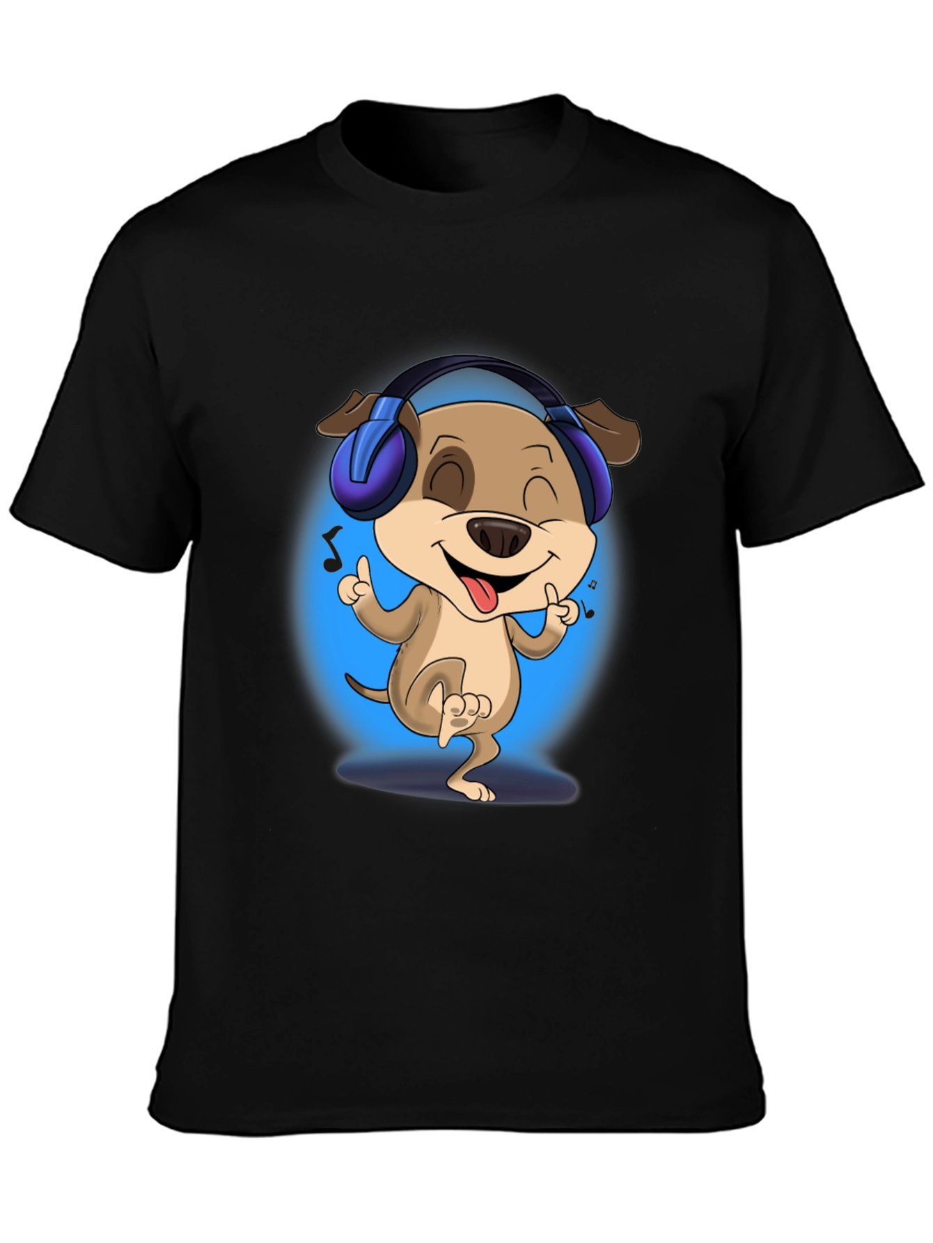 Black Cool Dog with Headphones Black T-Shirt view 3