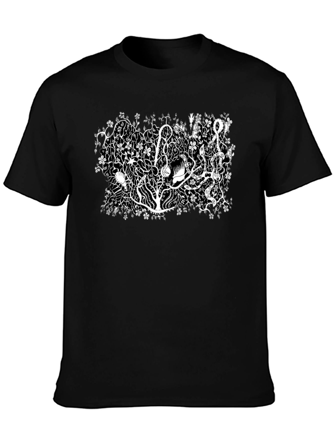 Black Botanical Black Tee - Unique Plant Life Design view 3