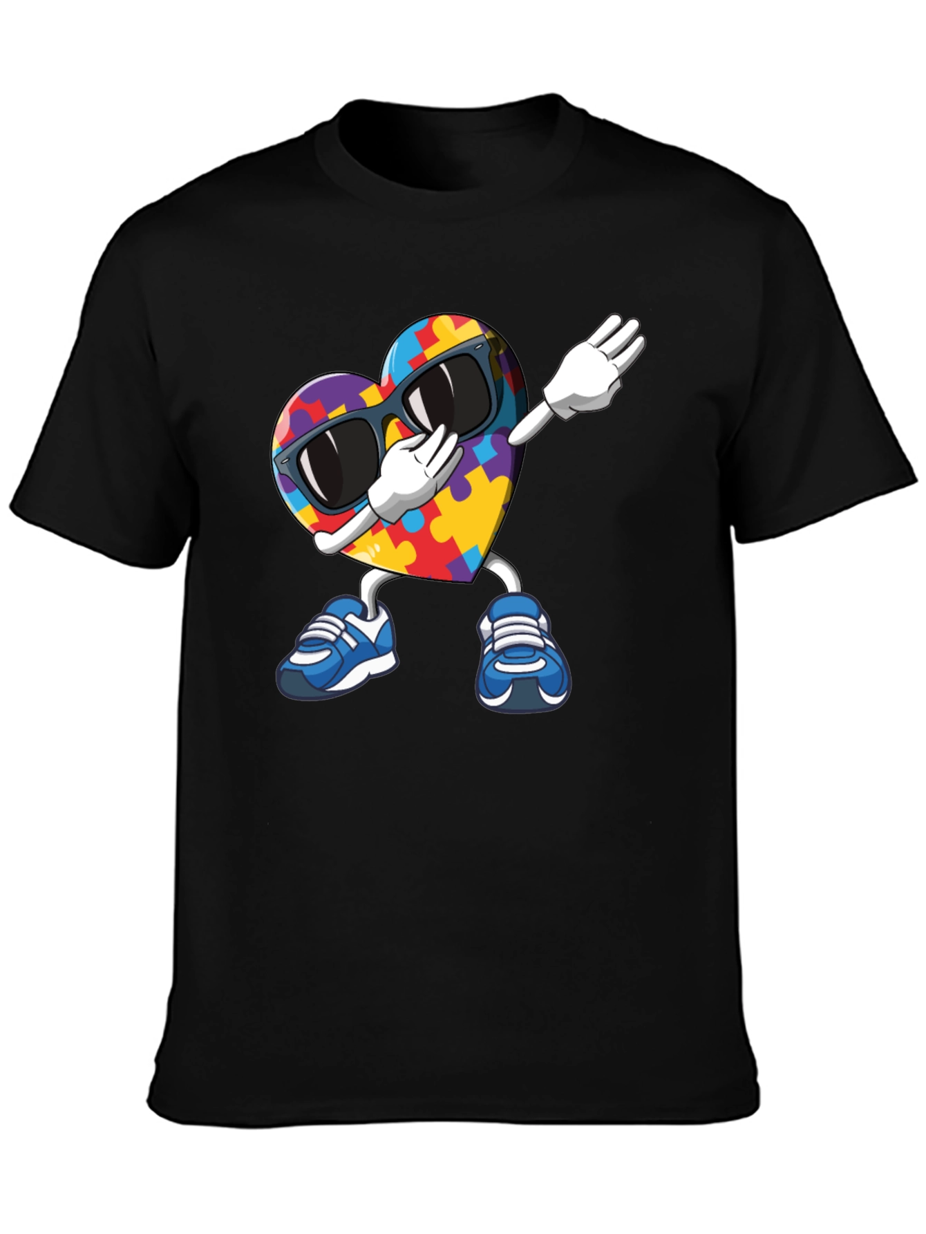Black Autism Awareness Puzzle Heart Dabbing T-Shirt view 3