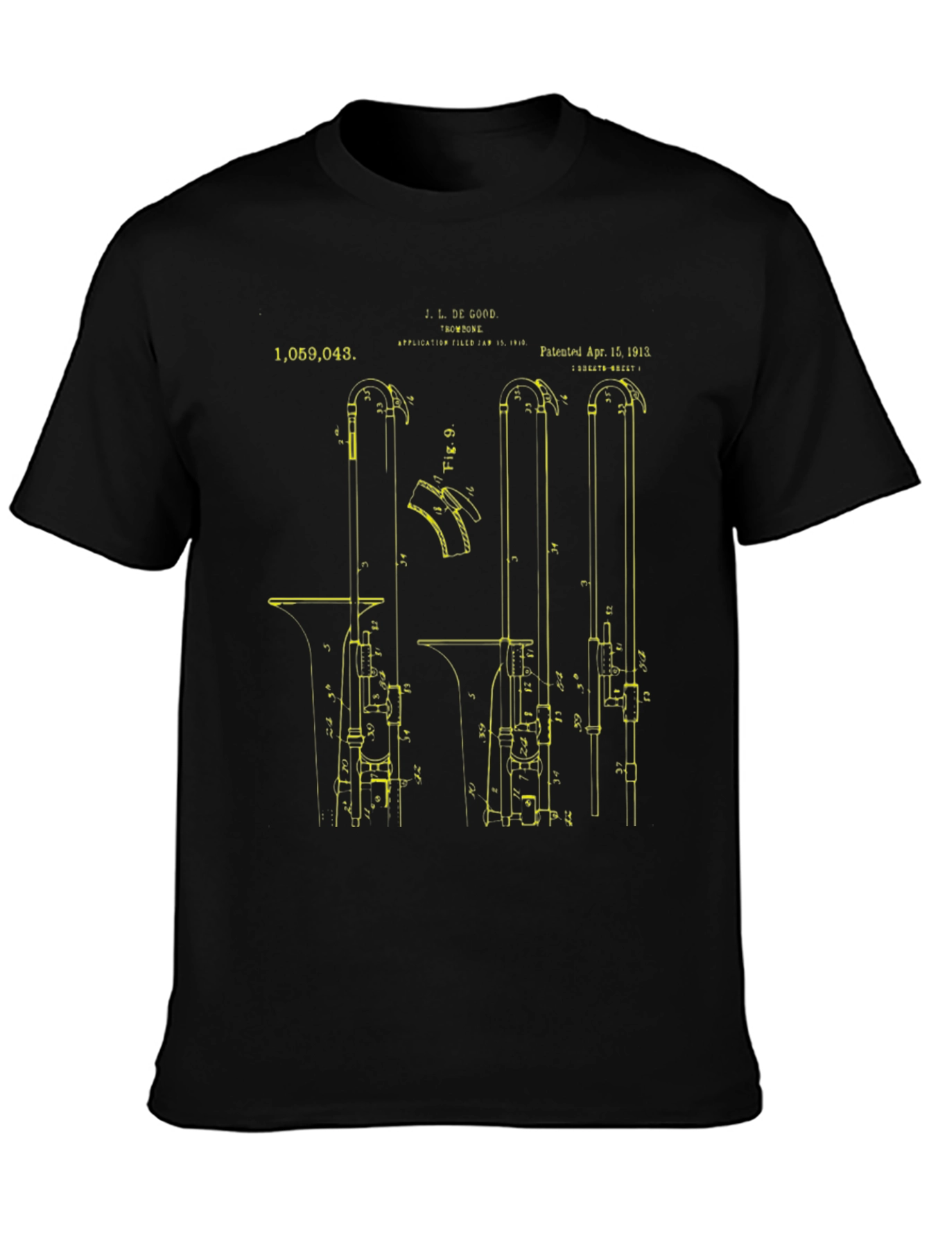 Black Vintage Trombone Patent Print T-Shirt view 3