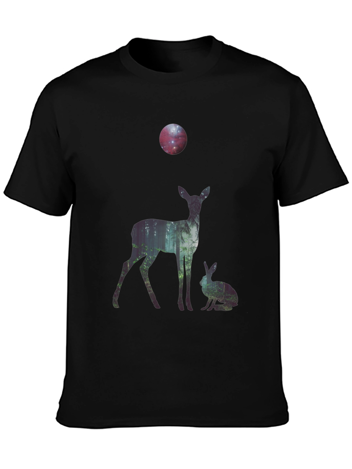 Black Nature Deer and Rabbit Graphic Print T-Shirt view 3