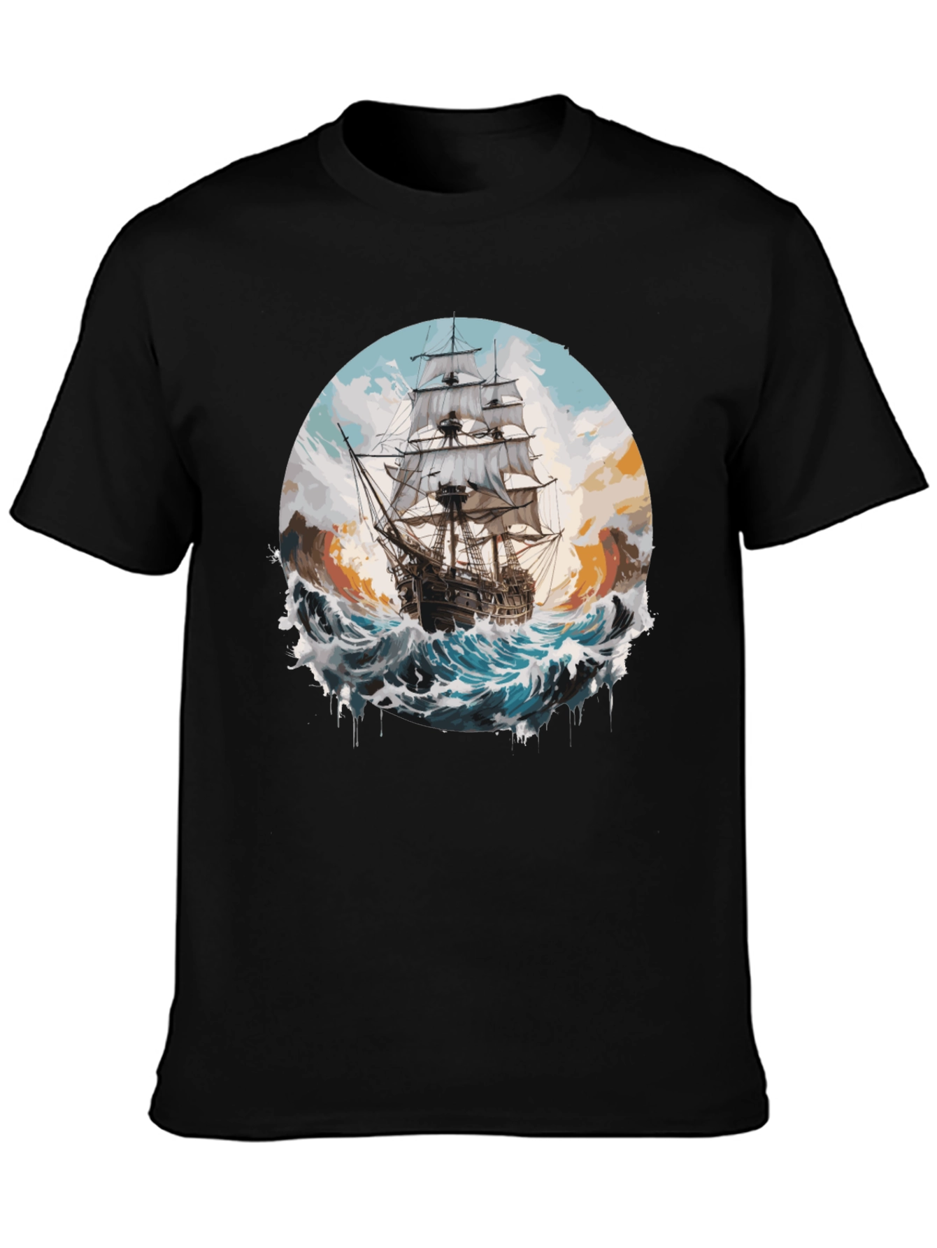 Black Sailing Ship Graphic Tee - Black Cotton Crew Neck view 3