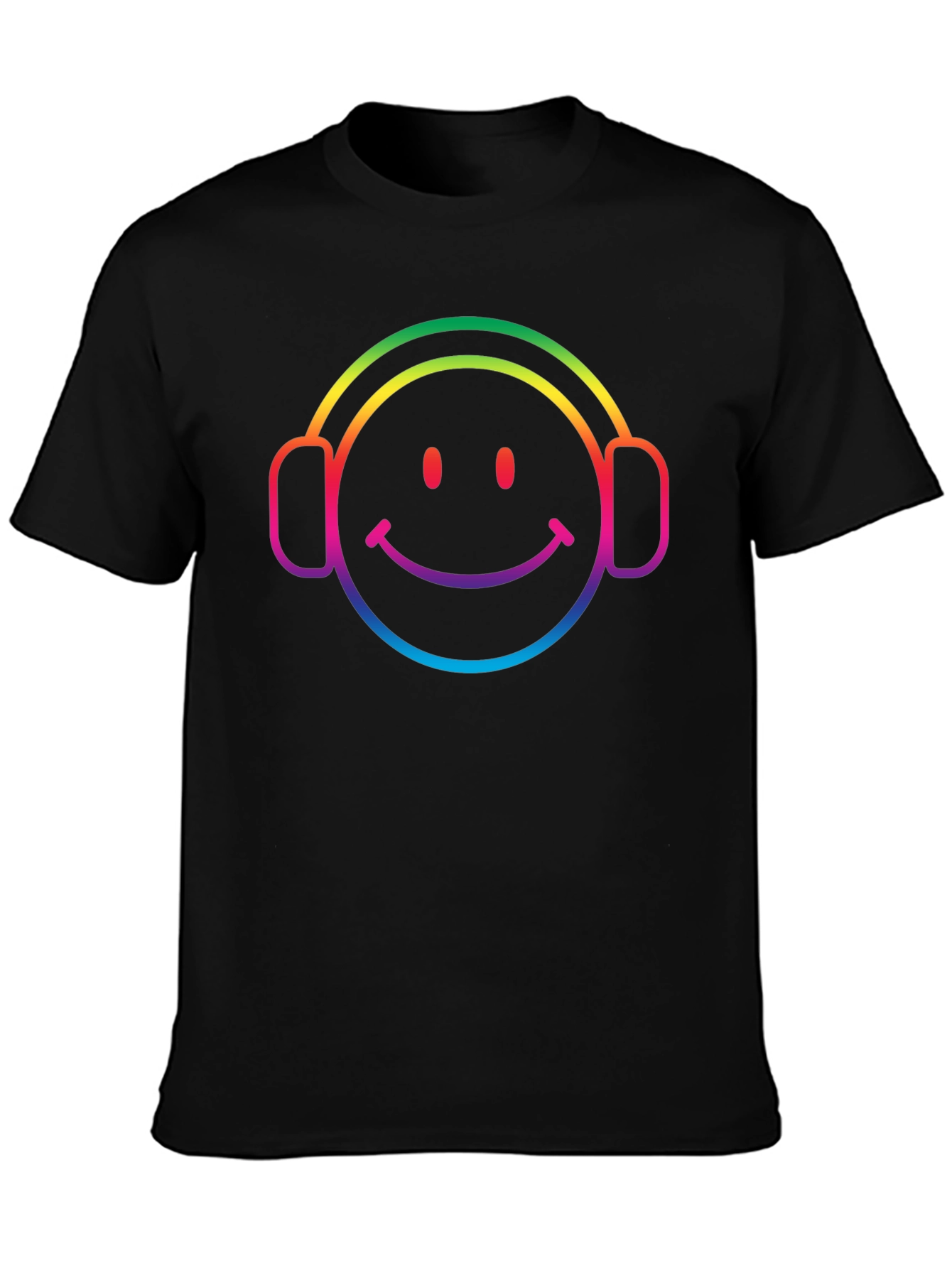Black Rainbow Smiley Face Headphones Black T-Shirt view 3