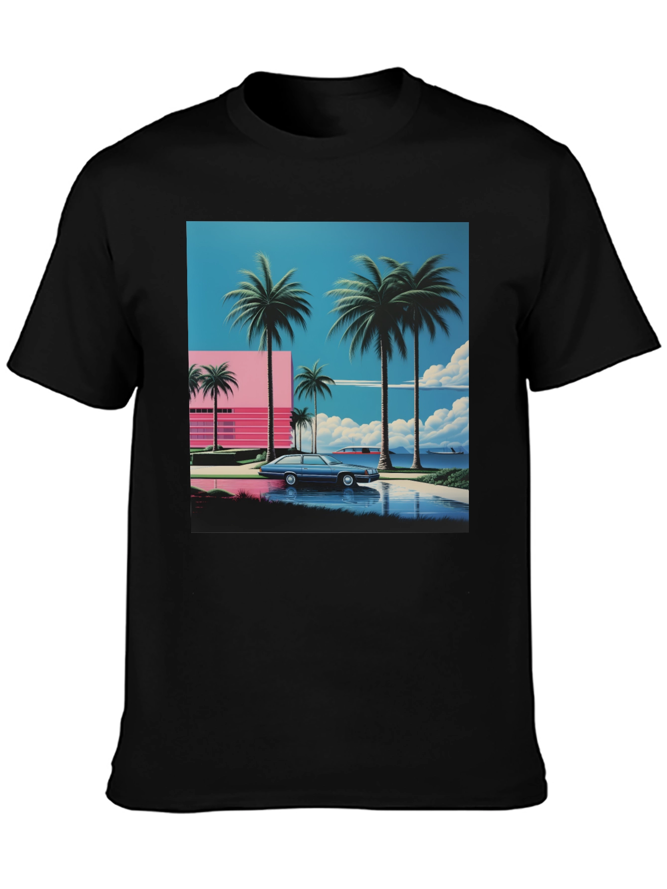 Black Miami Vice Style T-Shirt, Retro Car & Palms view 3