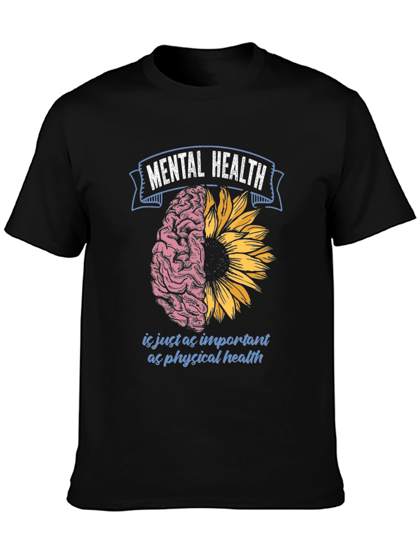 Black Mental Health T-Shirt: Brain & Sunflower Design view 3
